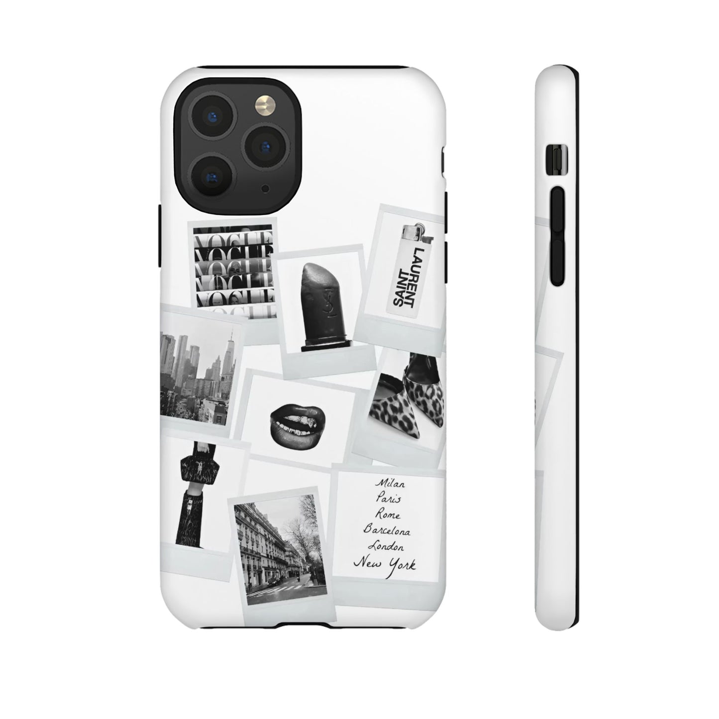 Phone Case — Black & White Polaroid Collage (City, Fashion, Lipstick)