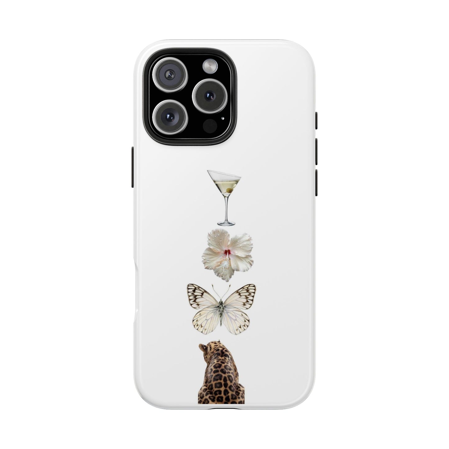 Elegant Nature-Inspired Tough Phone Case with Martini, Flower, Butterfly, and Leopard Design