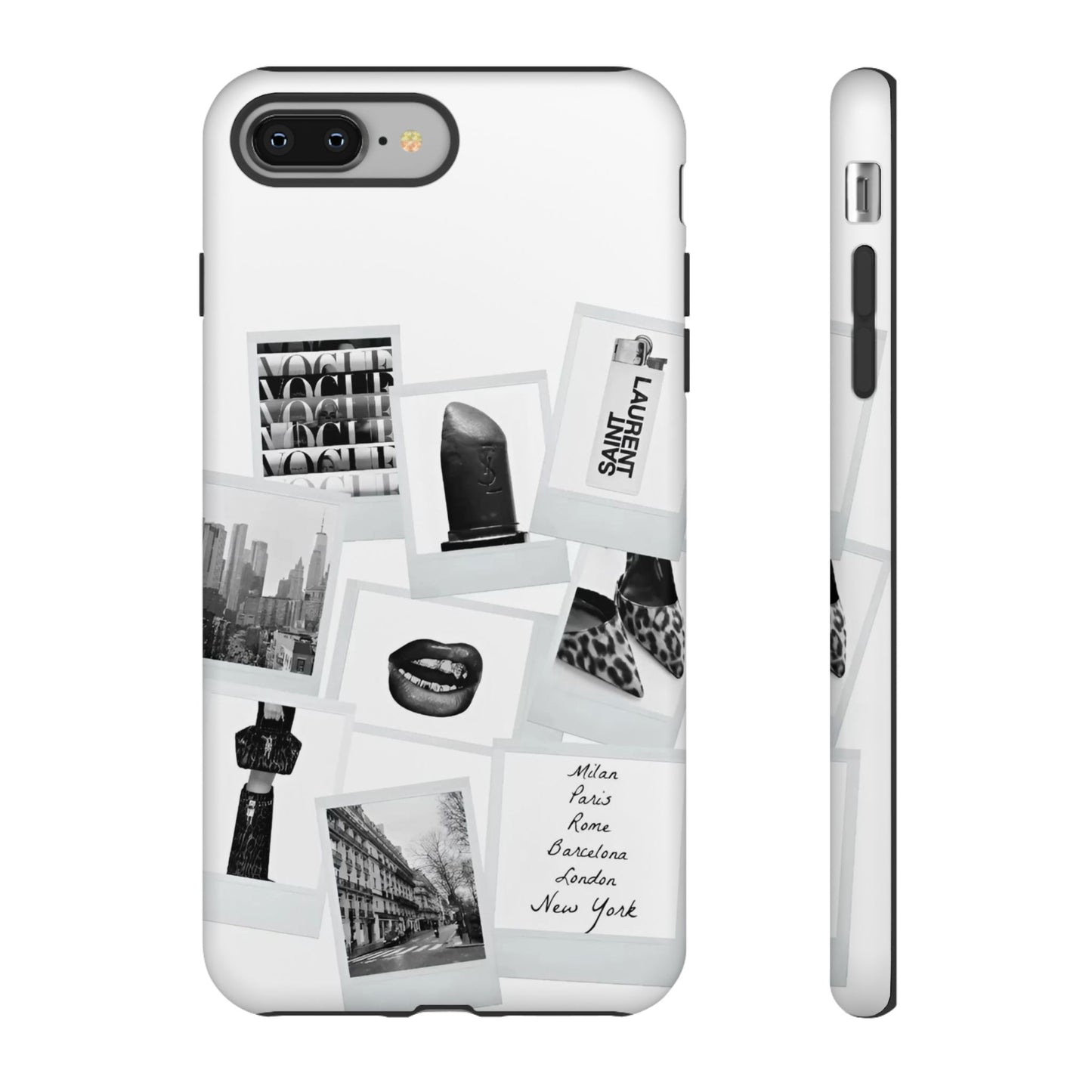Phone Case — Black & White Polaroid Collage (City, Fashion, Lipstick)
