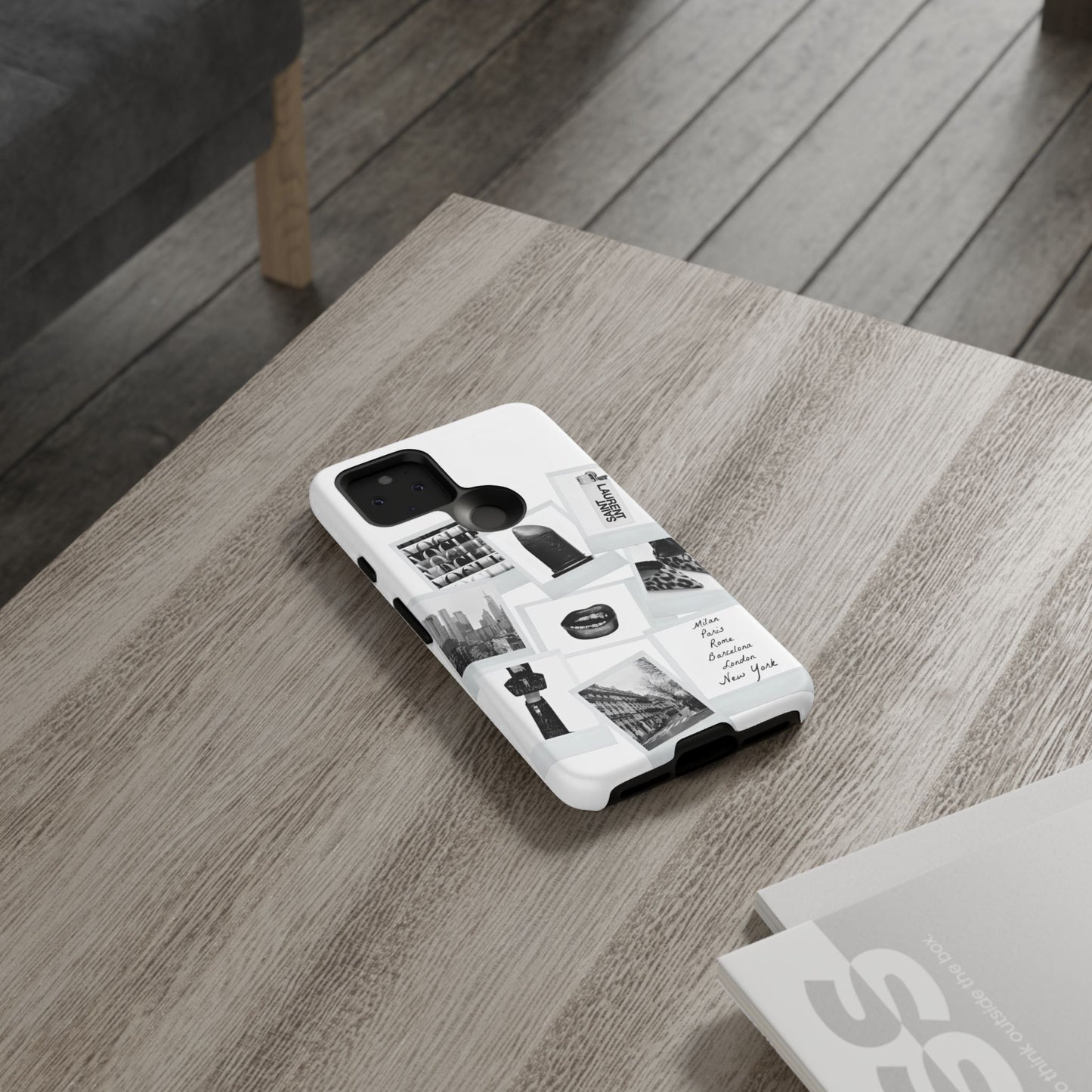 Phone Case — Black & White Polaroid Collage (City, Fashion, Lipstick)