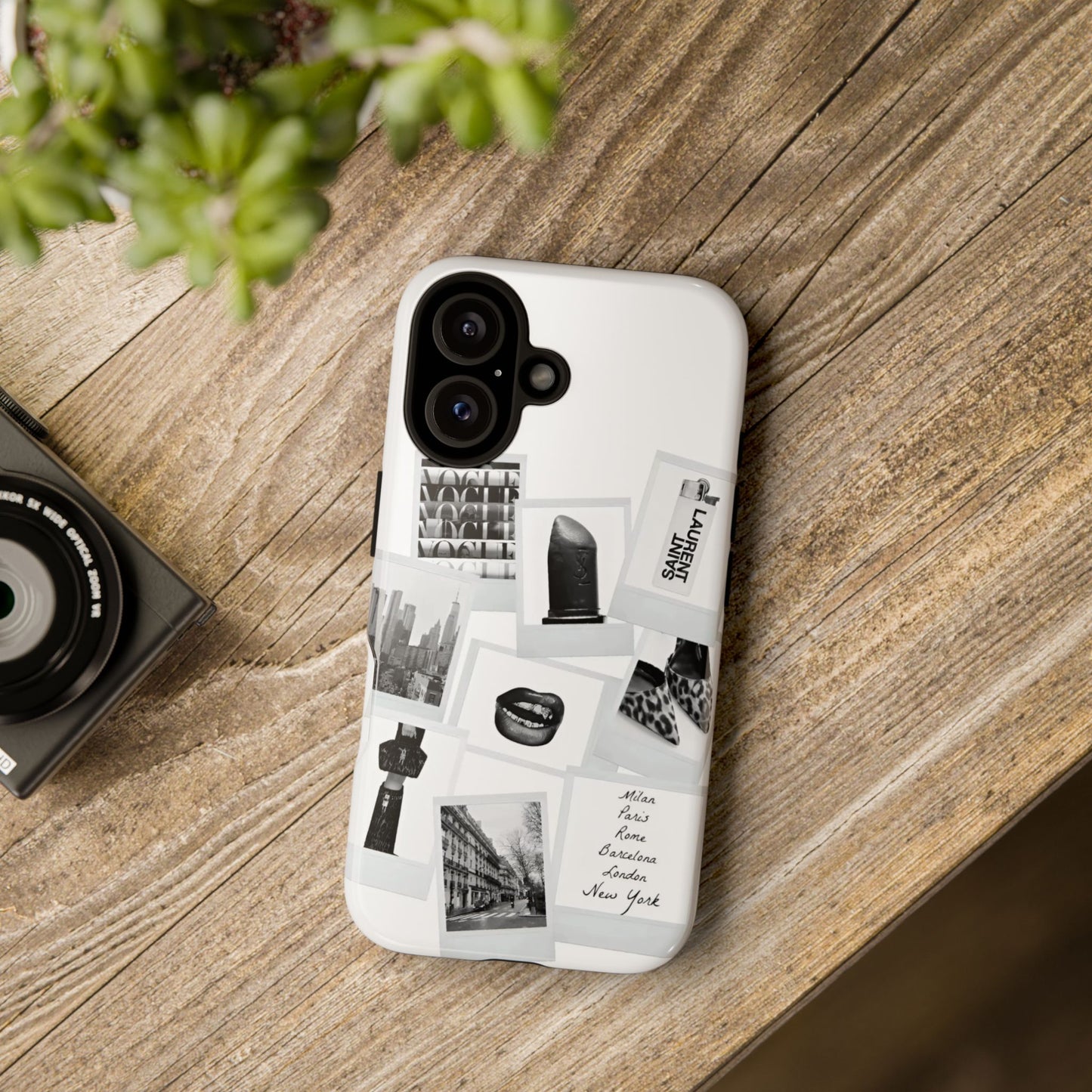 Phone Case — Black & White Polaroid Collage (City, Fashion, Lipstick)