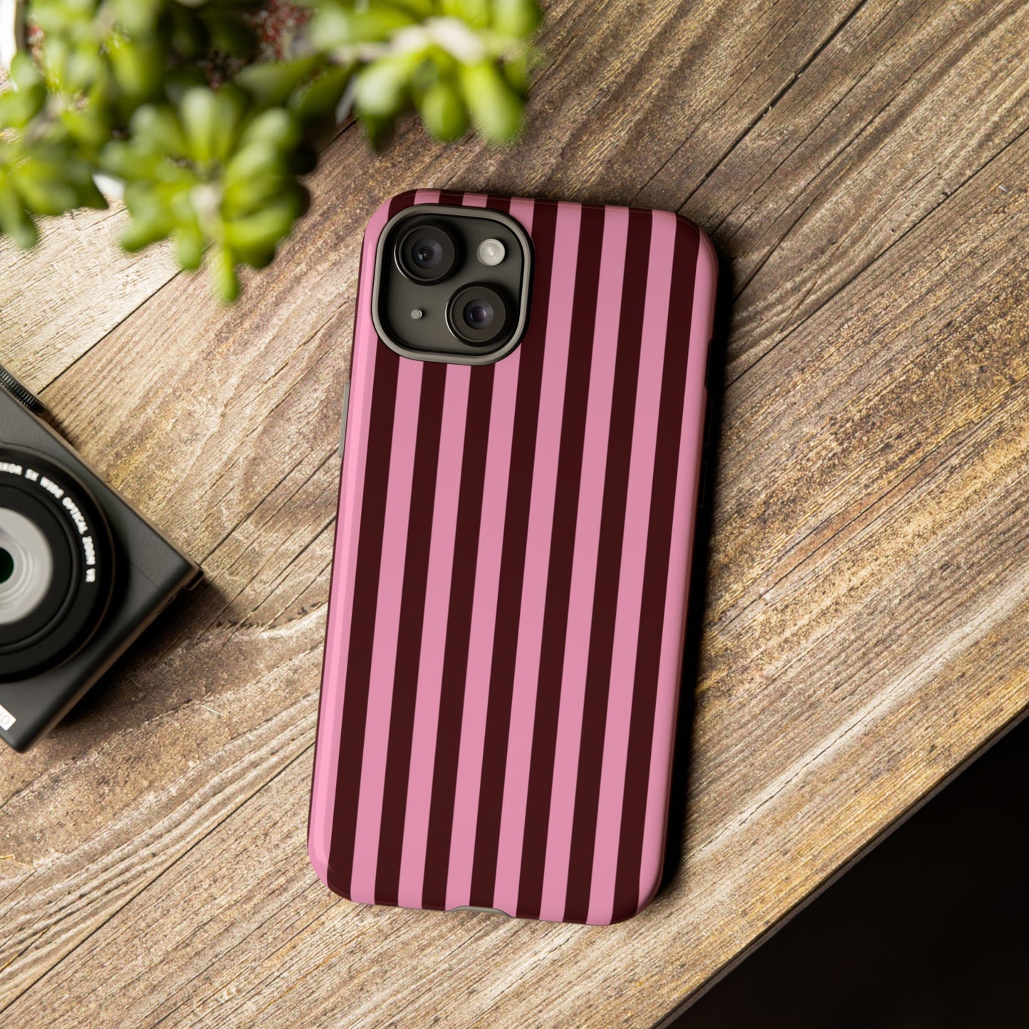 Striped Pink & Burgundy Tough Phone Case — Durable Vertical Stripe Protection