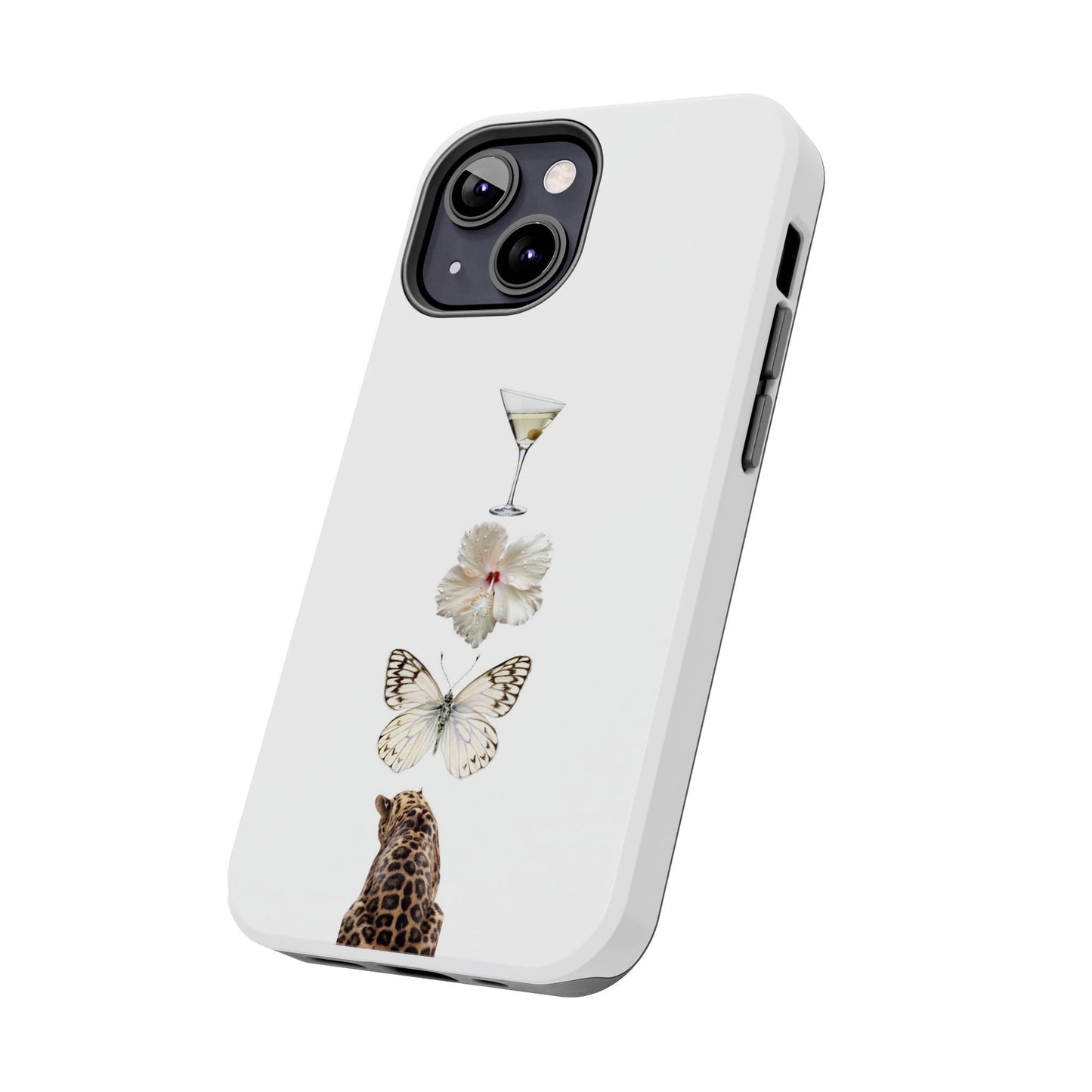 Elegant Nature-Inspired Tough Phone Case with Martini, Flower, Butterfly, and Leopard Design
