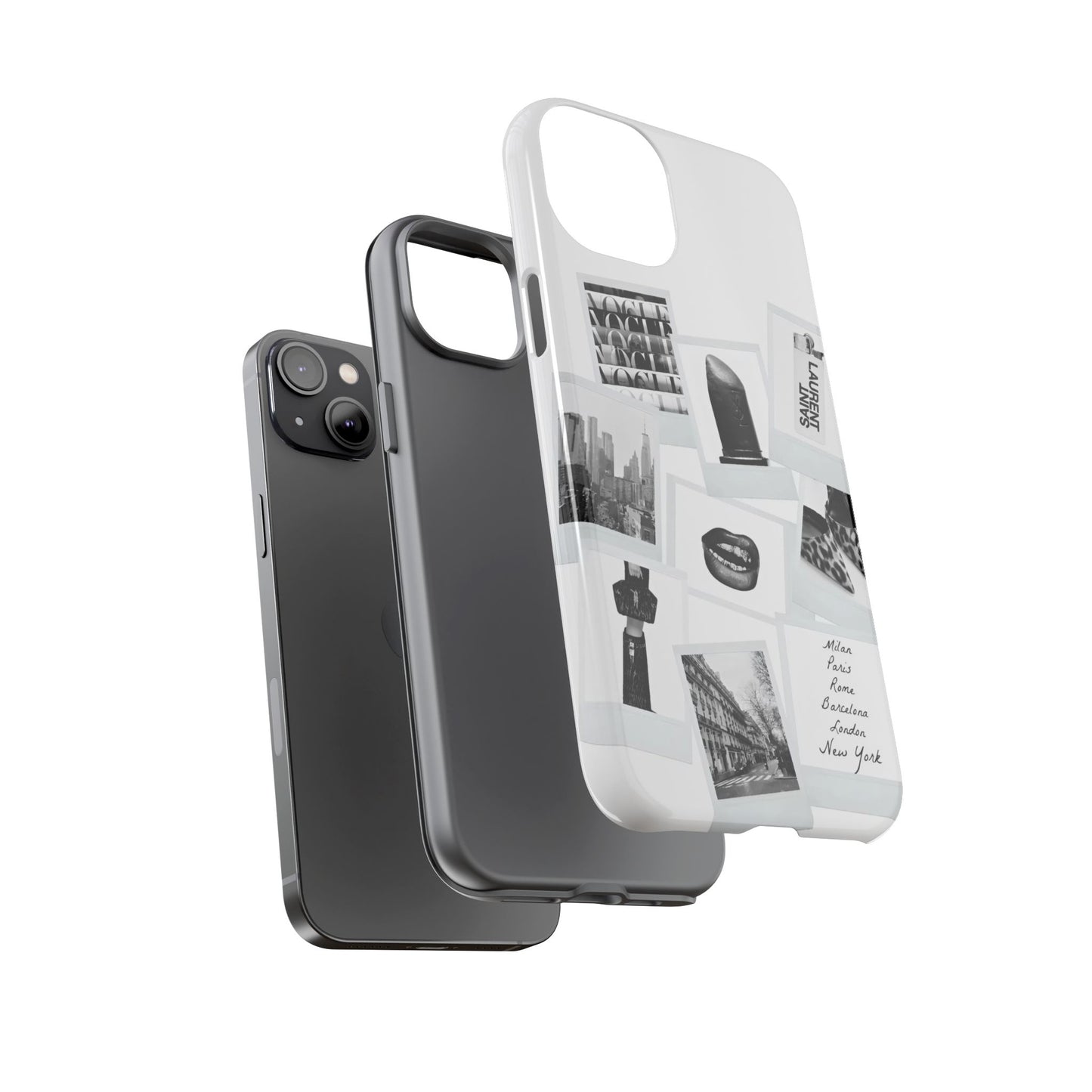 Phone Case — Black & White Polaroid Collage (City, Fashion, Lipstick)
