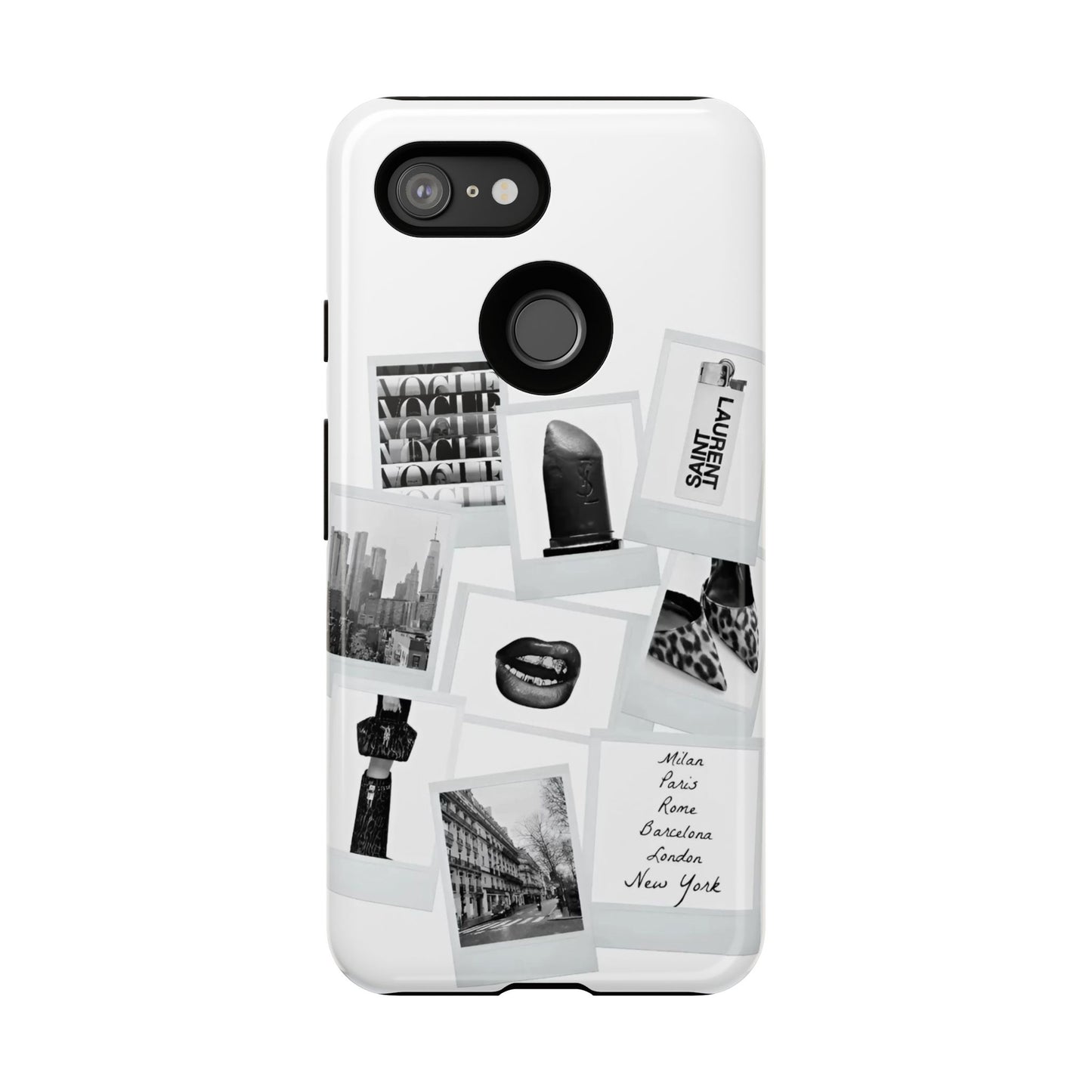 Phone Case — Black & White Polaroid Collage (City, Fashion, Lipstick)
