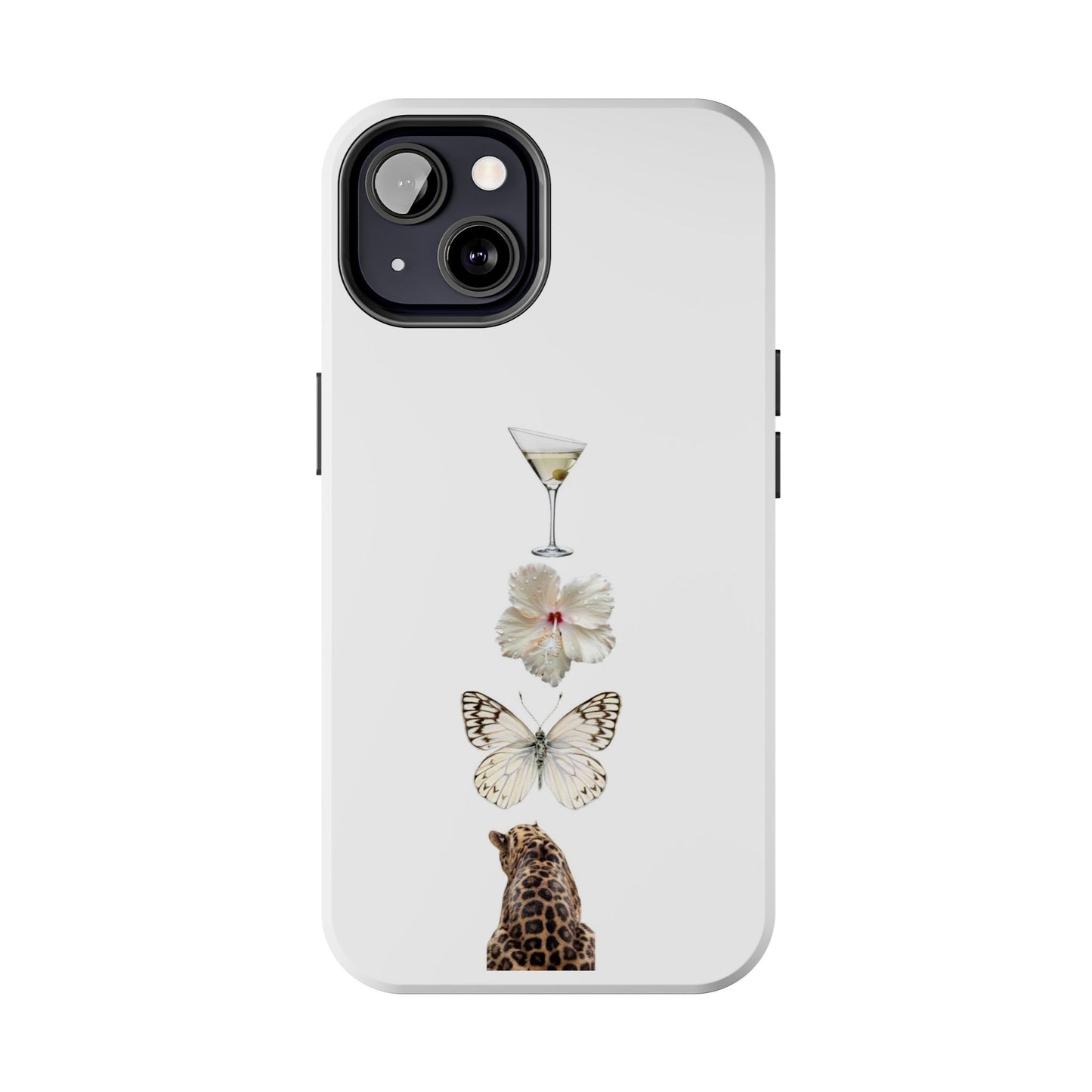 Elegant Nature-Inspired Tough Phone Case with Martini, Flower, Butterfly, and Leopard Design