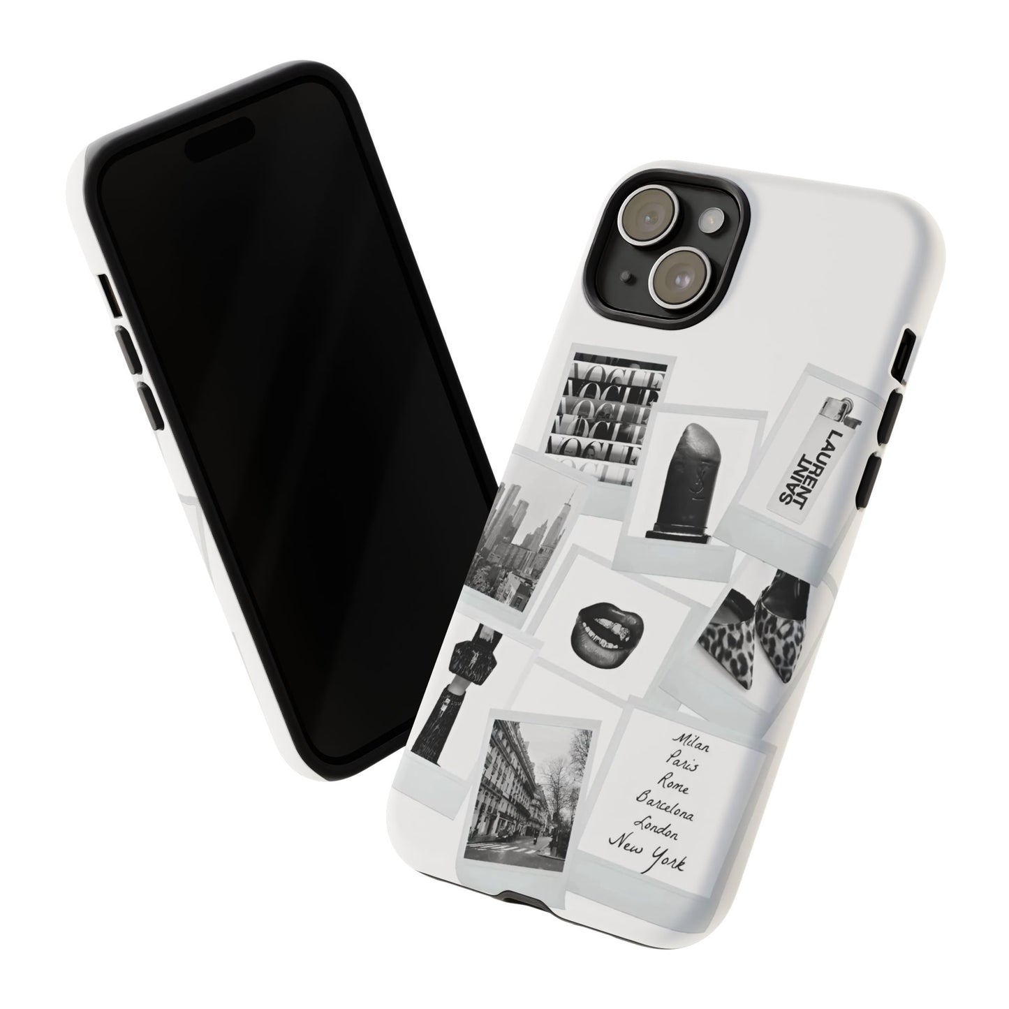 Phone Case — Black & White Polaroid Collage (City, Fashion, Lipstick)