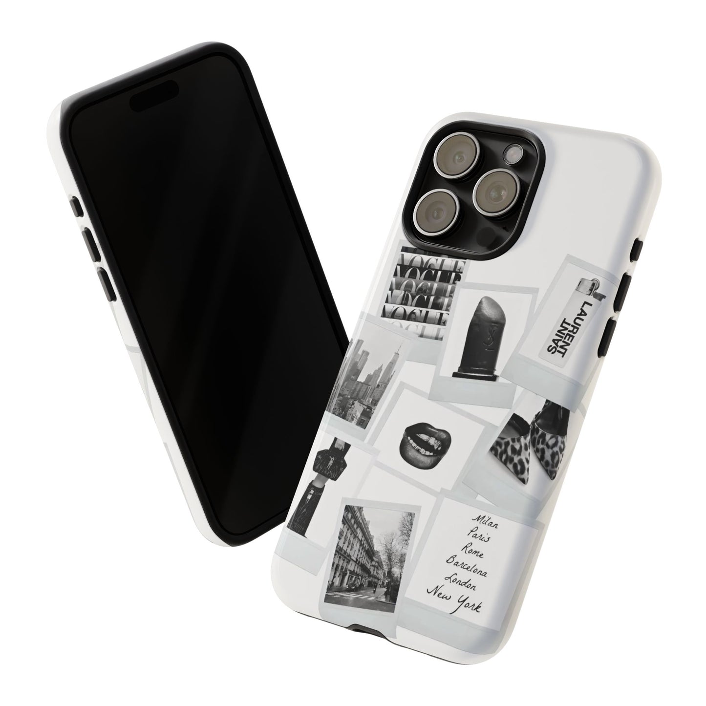 Phone Case — Black & White Polaroid Collage (City, Fashion, Lipstick)