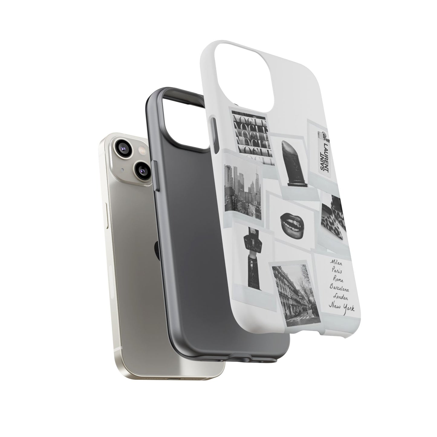 Phone Case — Black & White Polaroid Collage (City, Fashion, Lipstick)