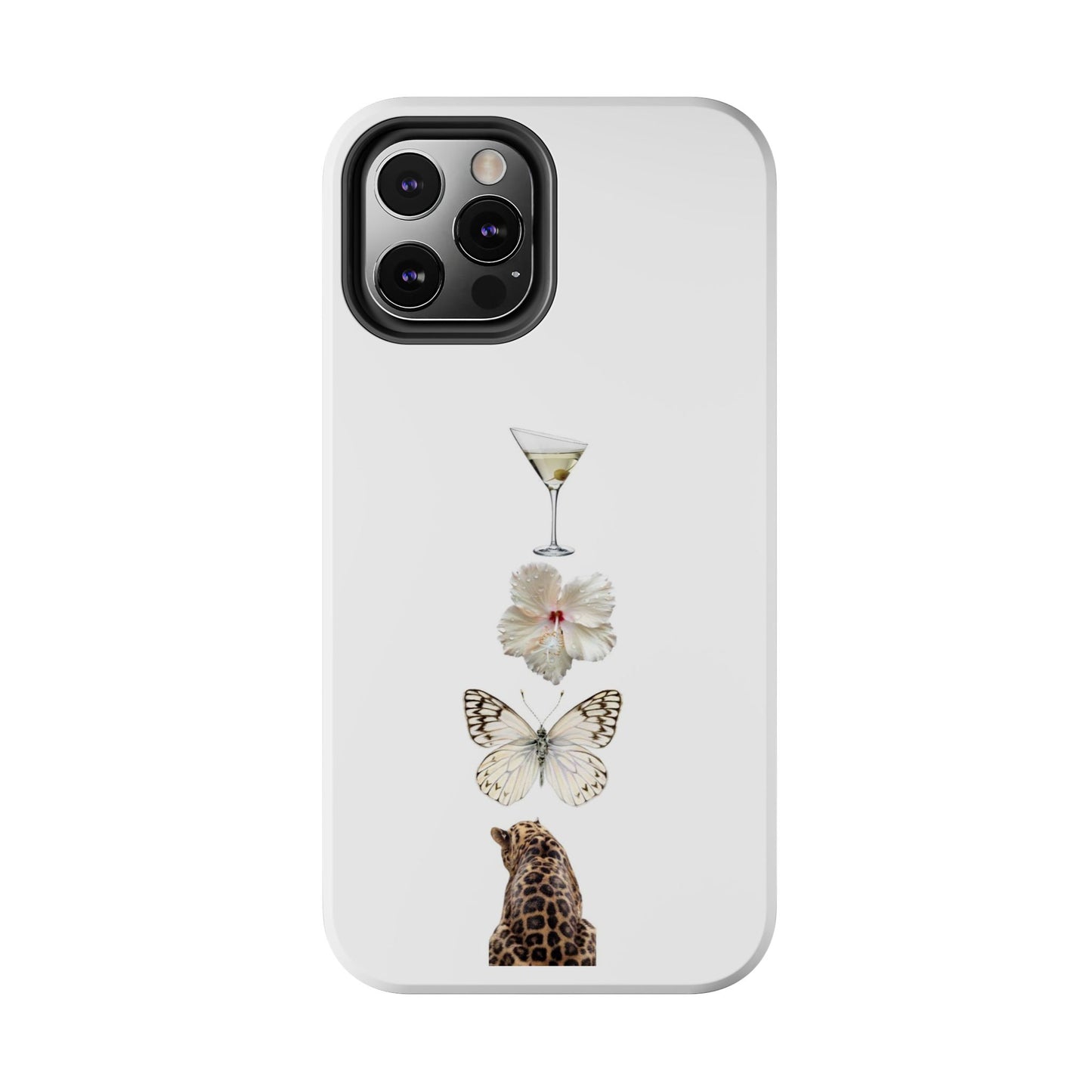 Elegant Nature-Inspired Tough Phone Case with Martini, Flower, Butterfly, and Leopard Design