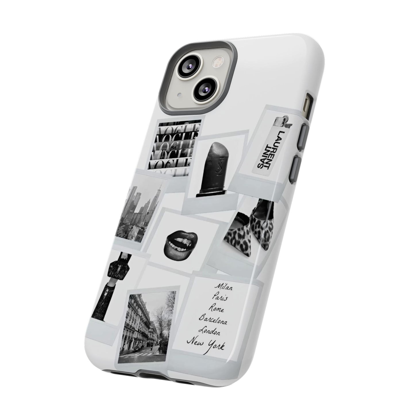 Phone Case — Black & White Polaroid Collage (City, Fashion, Lipstick)
