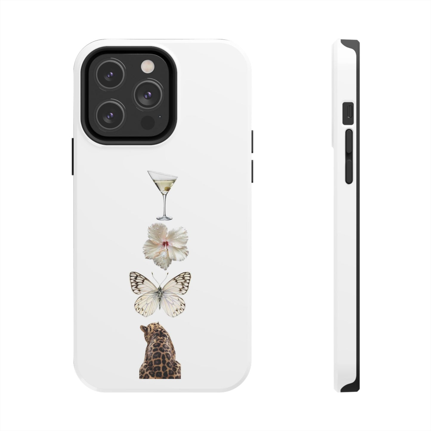 Elegant Nature-Inspired Tough Phone Case with Martini, Flower, Butterfly, and Leopard Design
