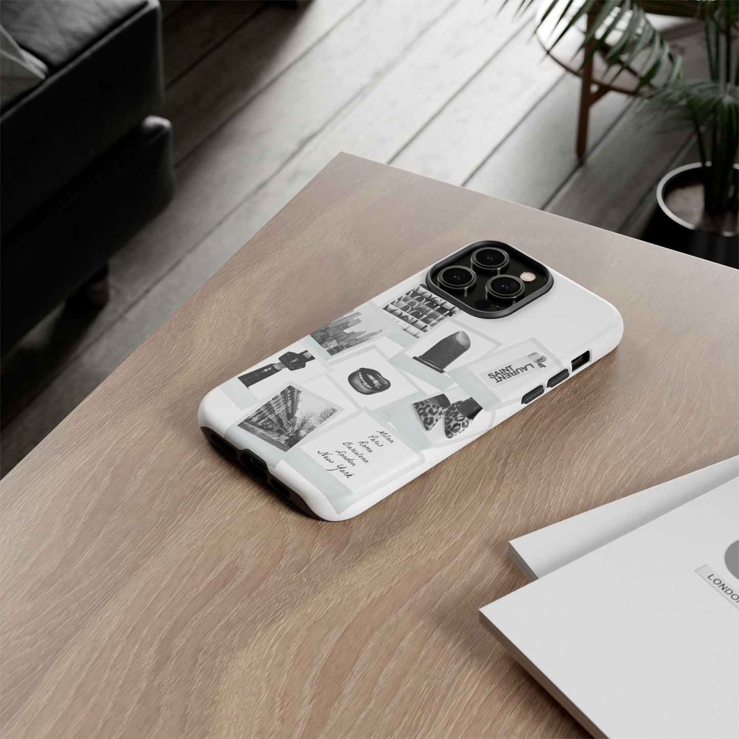 Phone Case — Black & White Polaroid Collage (City, Fashion, Lipstick)