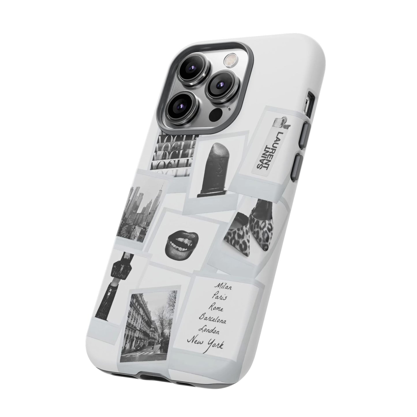 Phone Case — Black & White Polaroid Collage (City, Fashion, Lipstick)
