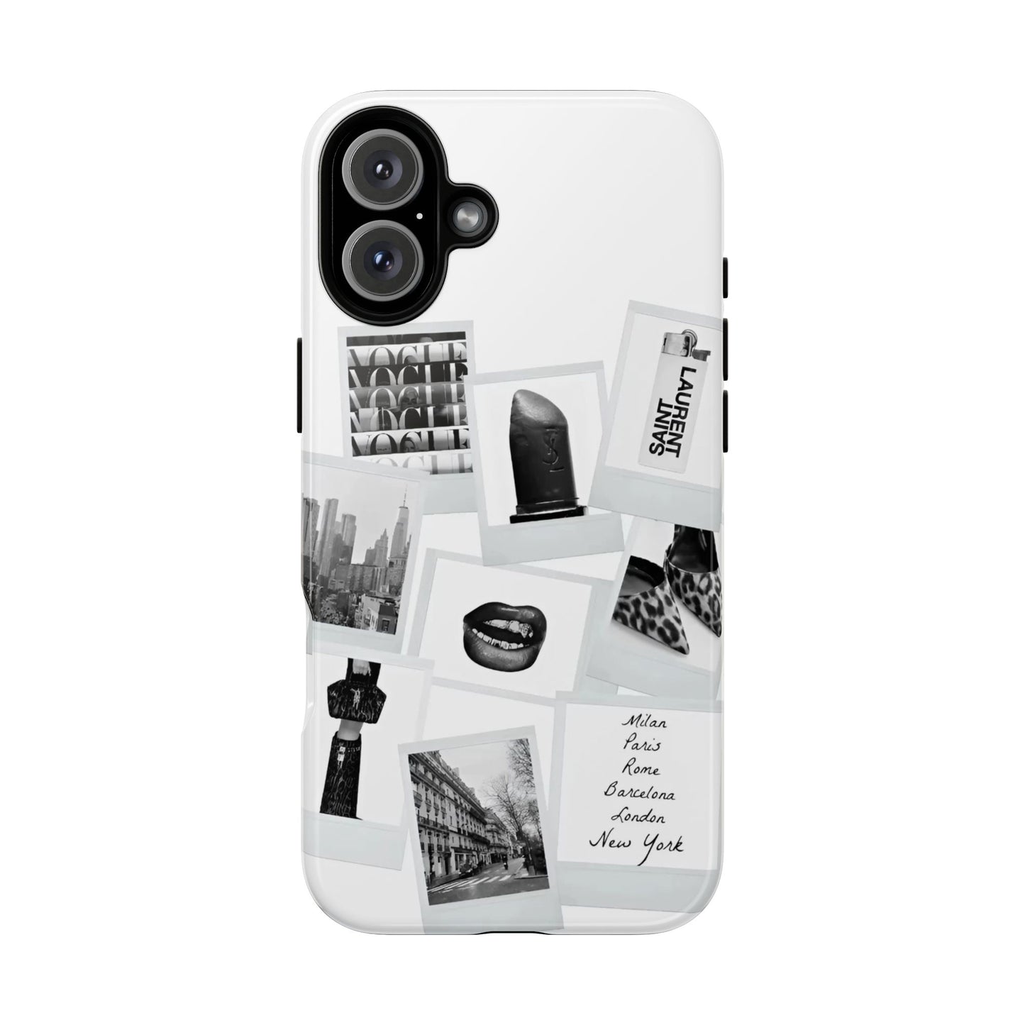 Phone Case — Black & White Polaroid Collage (City, Fashion, Lipstick)
