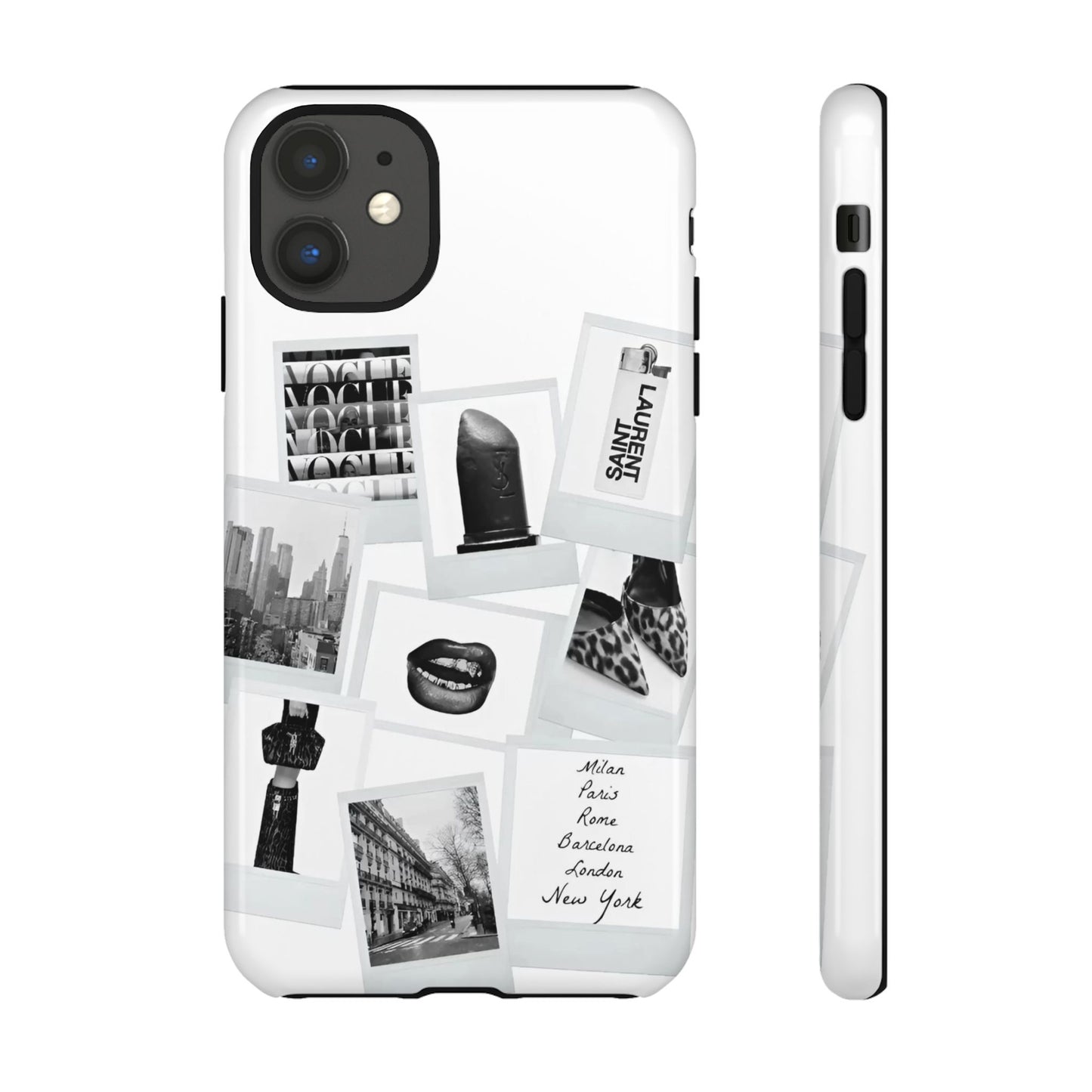 Phone Case — Black & White Polaroid Collage (City, Fashion, Lipstick)