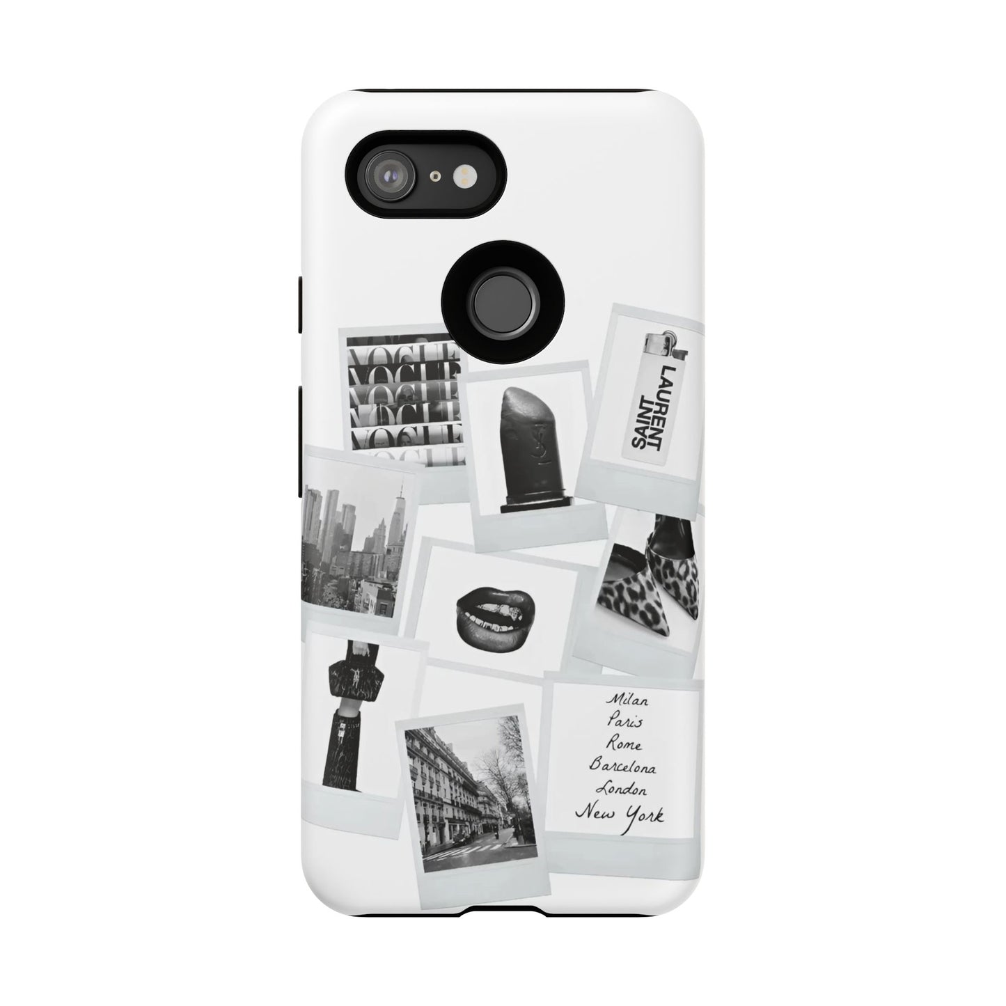 Phone Case — Black & White Polaroid Collage (City, Fashion, Lipstick)