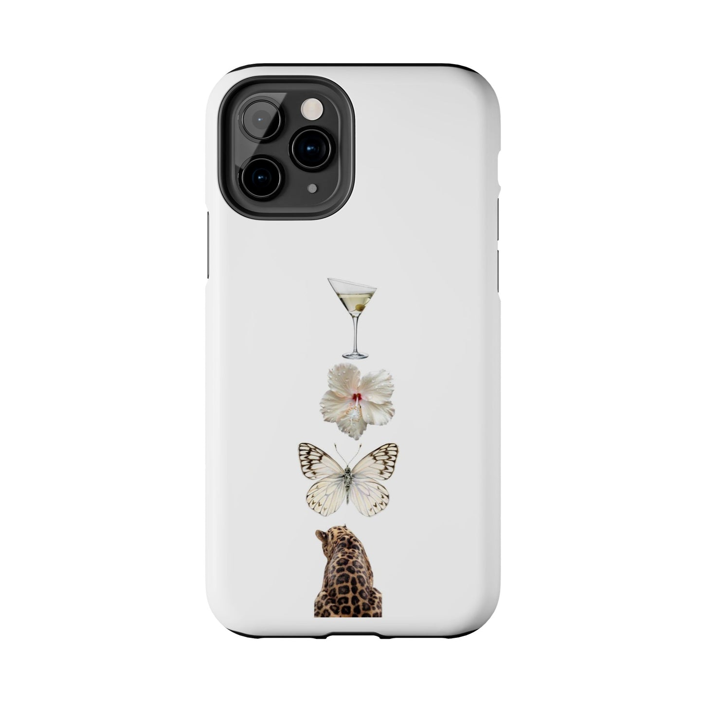 Elegant Nature-Inspired Tough Phone Case with Martini, Flower, Butterfly, and Leopard Design