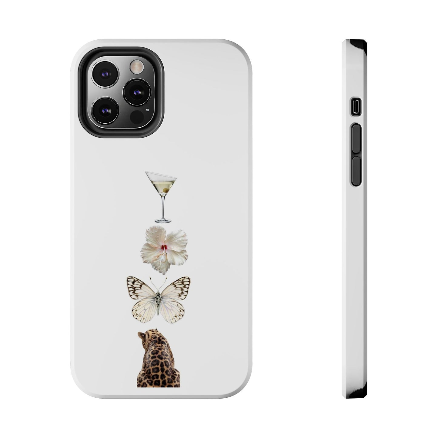 Elegant Nature-Inspired Tough Phone Case with Martini, Flower, Butterfly, and Leopard Design