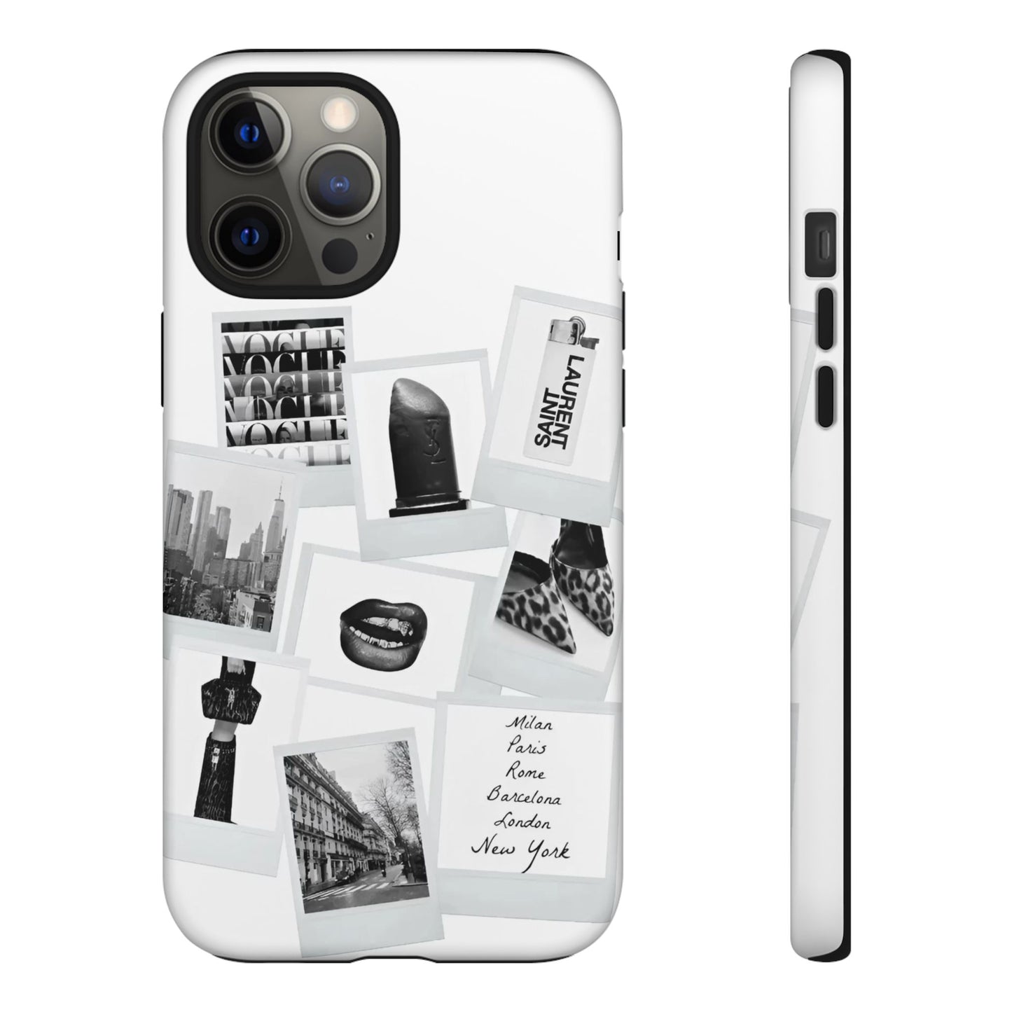 Phone Case — Black & White Polaroid Collage (City, Fashion, Lipstick)