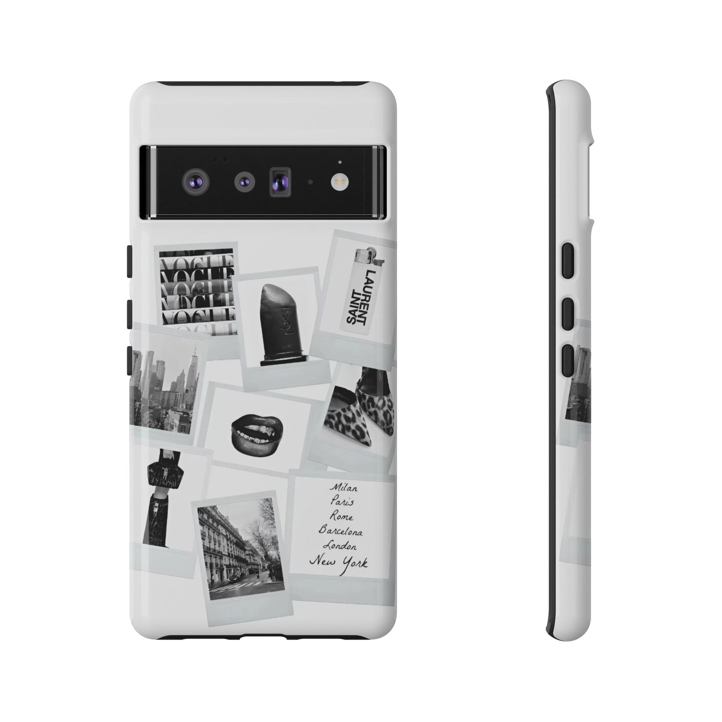 Phone Case — Black & White Polaroid Collage (City, Fashion, Lipstick)