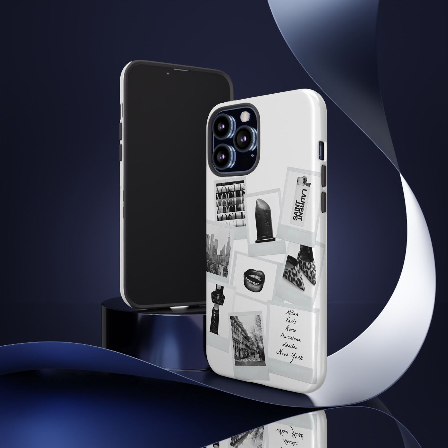 Phone Case — Black & White Polaroid Collage (City, Fashion, Lipstick)