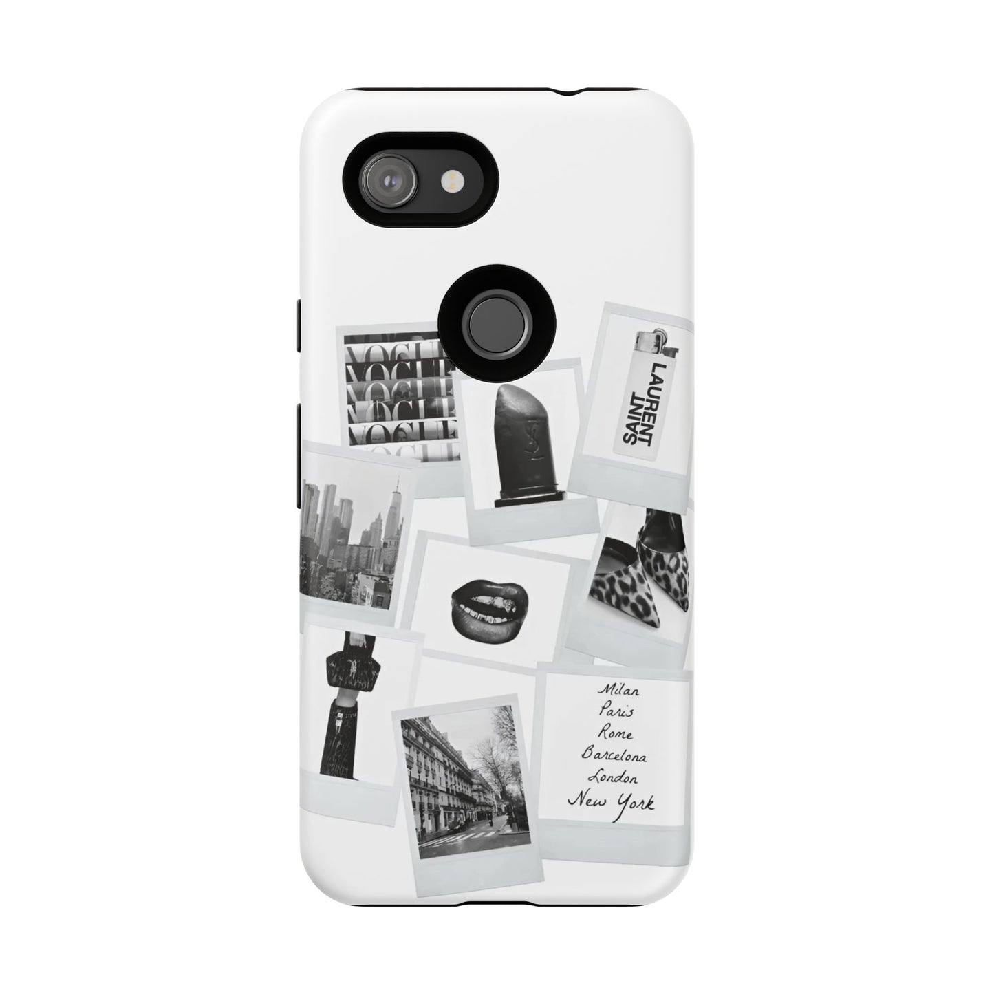 Phone Case — Black & White Polaroid Collage (City, Fashion, Lipstick)