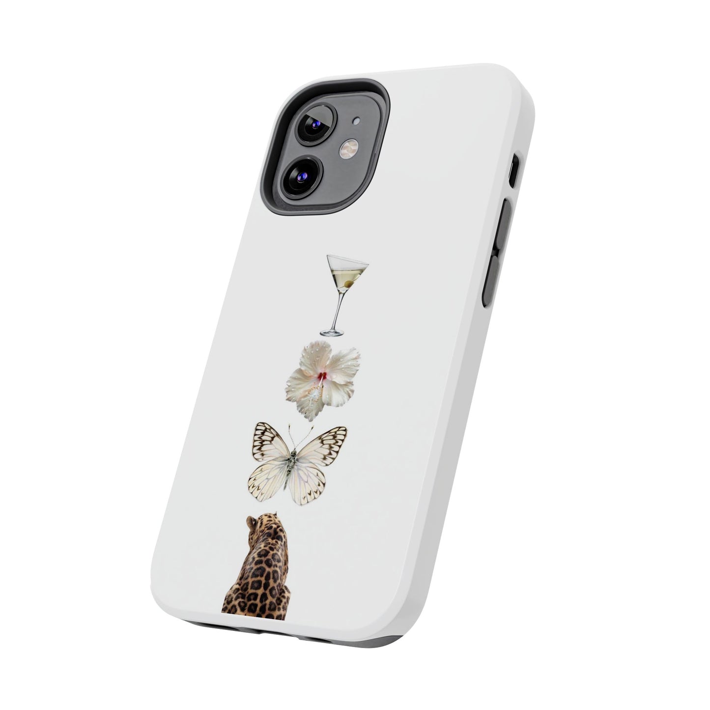 Elegant Nature-Inspired Tough Phone Case with Martini, Flower, Butterfly, and Leopard Design