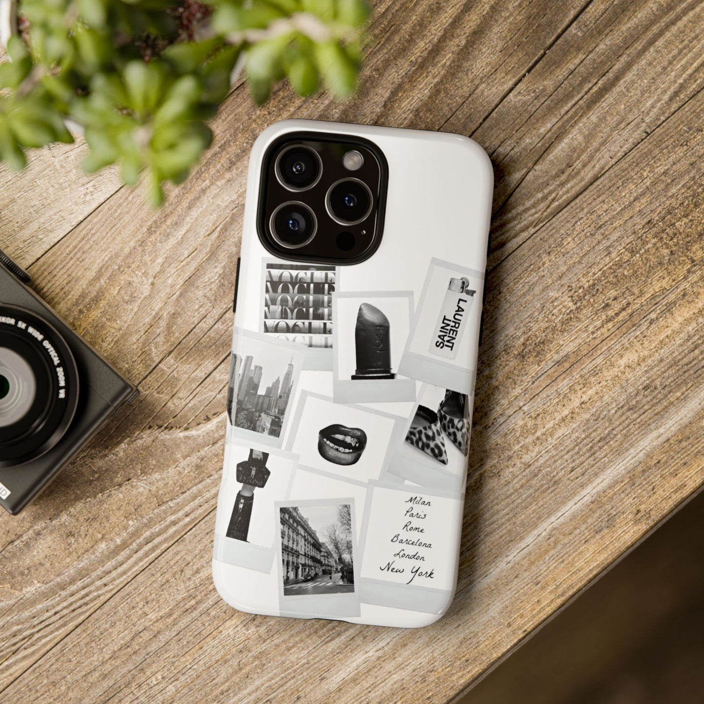 Phone Case — Black & White Polaroid Collage (City, Fashion, Lipstick)