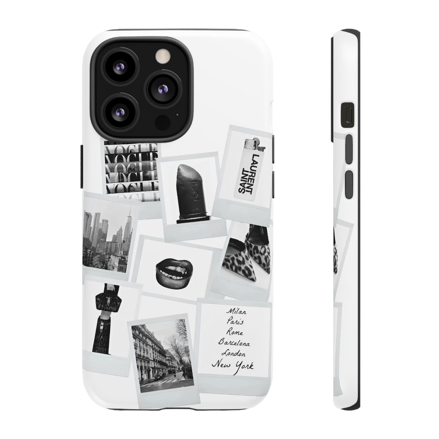 Phone Case — Black & White Polaroid Collage (City, Fashion, Lipstick)