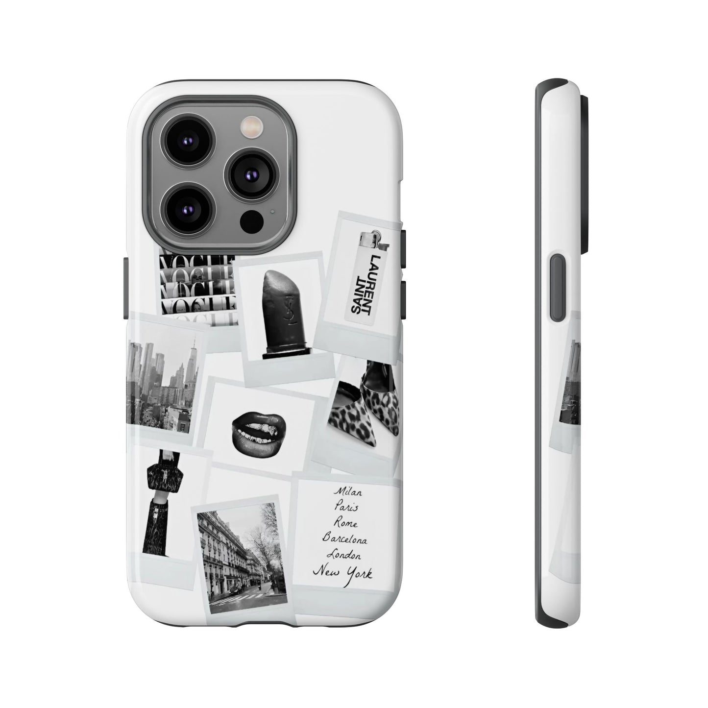 Phone Case — Black & White Polaroid Collage (City, Fashion, Lipstick)
