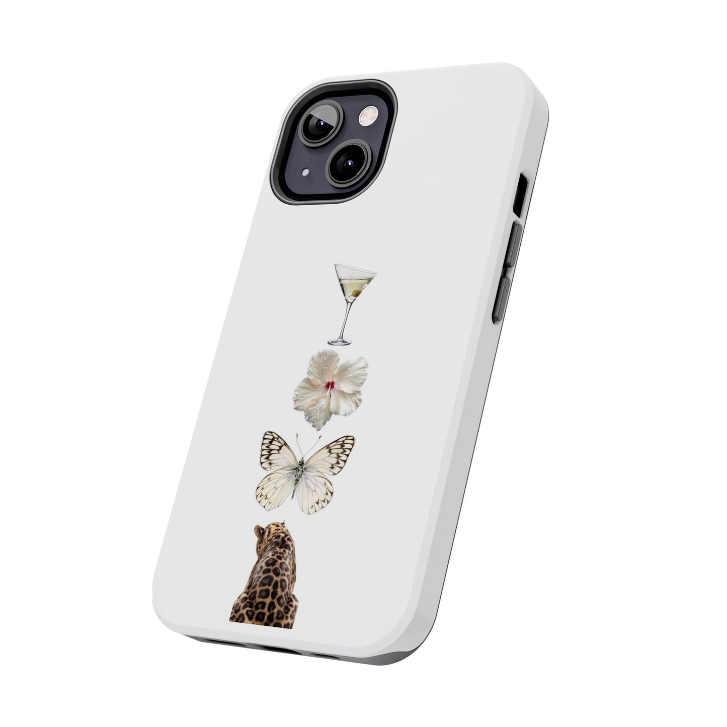 Elegant Nature-Inspired Tough Phone Case with Martini, Flower, Butterfly, and Leopard Design
