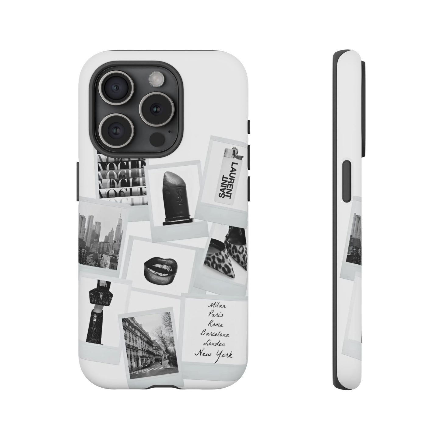 Phone Case — Black & White Polaroid Collage (City, Fashion, Lipstick)