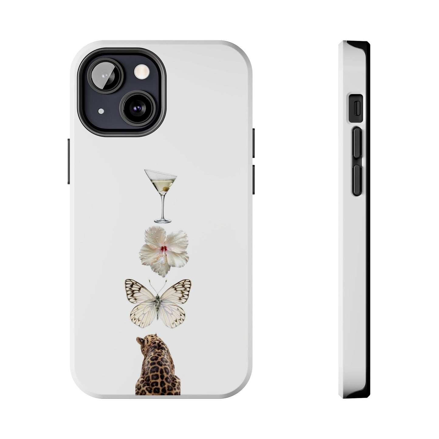 Elegant Nature-Inspired Tough Phone Case with Martini, Flower, Butterfly, and Leopard Design