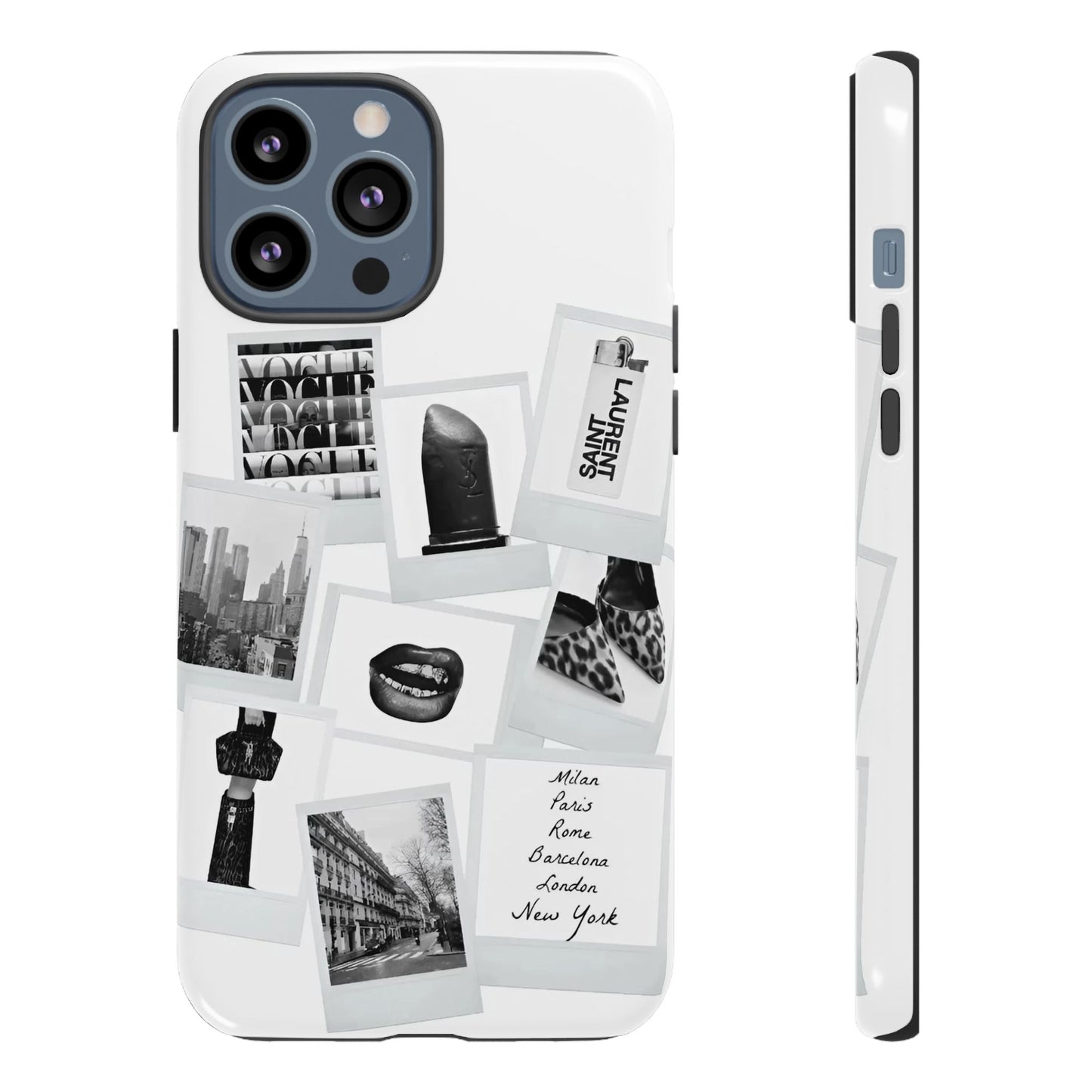 Phone Case — Black & White Polaroid Collage (City, Fashion, Lipstick)