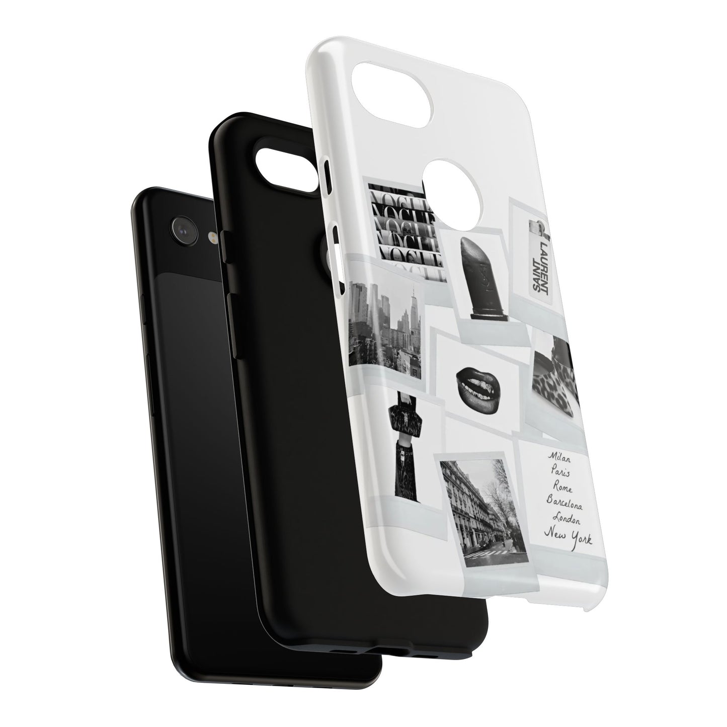Phone Case — Black & White Polaroid Collage (City, Fashion, Lipstick)