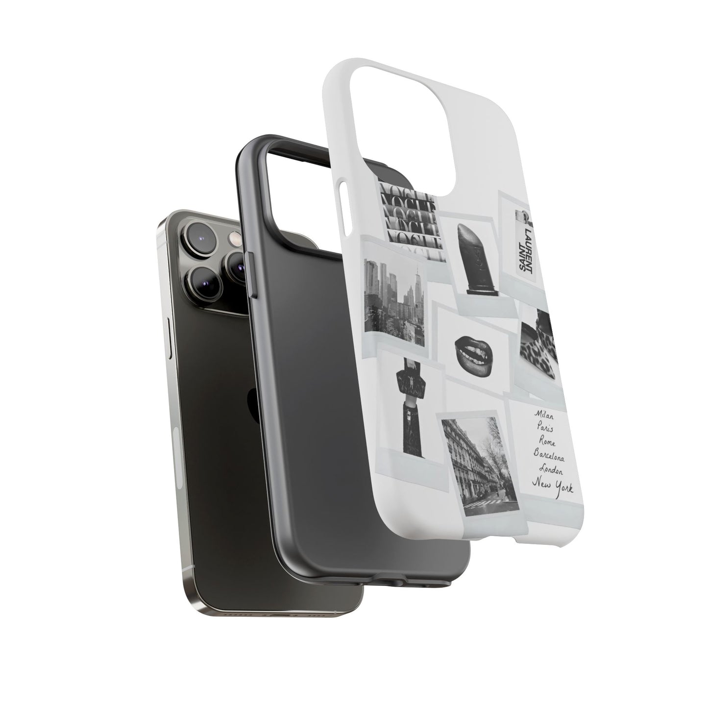 Phone Case — Black & White Polaroid Collage (City, Fashion, Lipstick)