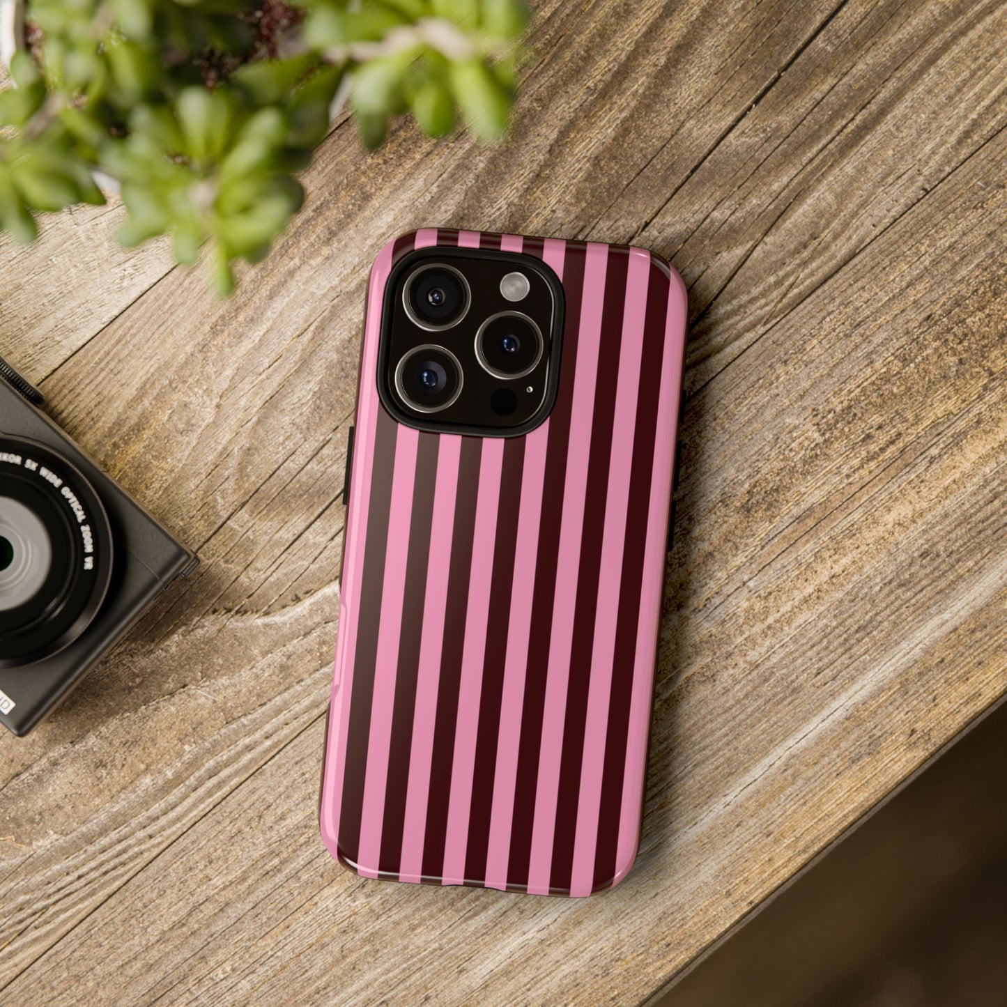 Striped Pink & Burgundy Tough Phone Case — Durable Vertical Stripe Protection