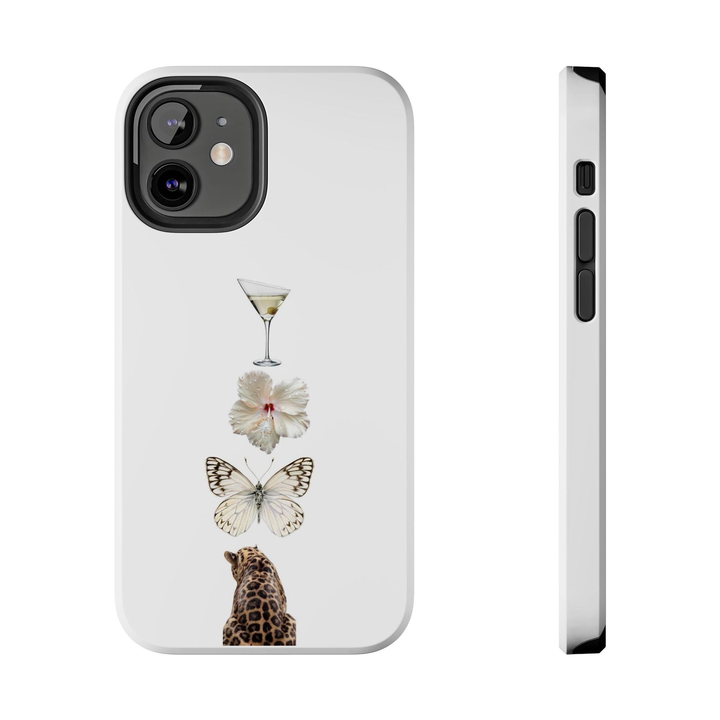 Elegant Nature-Inspired Tough Phone Case with Martini, Flower, Butterfly, and Leopard Design