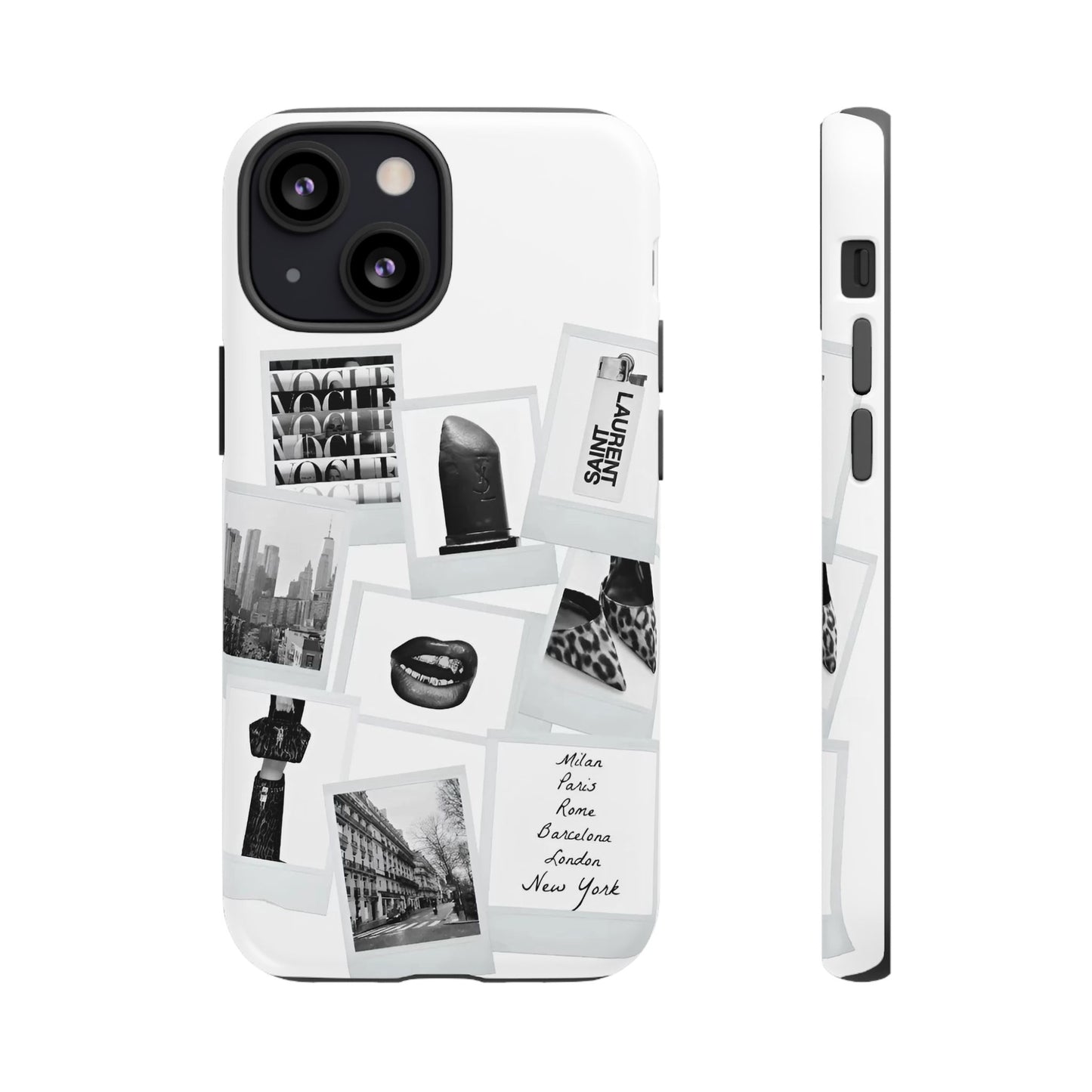 Phone Case — Black & White Polaroid Collage (City, Fashion, Lipstick)