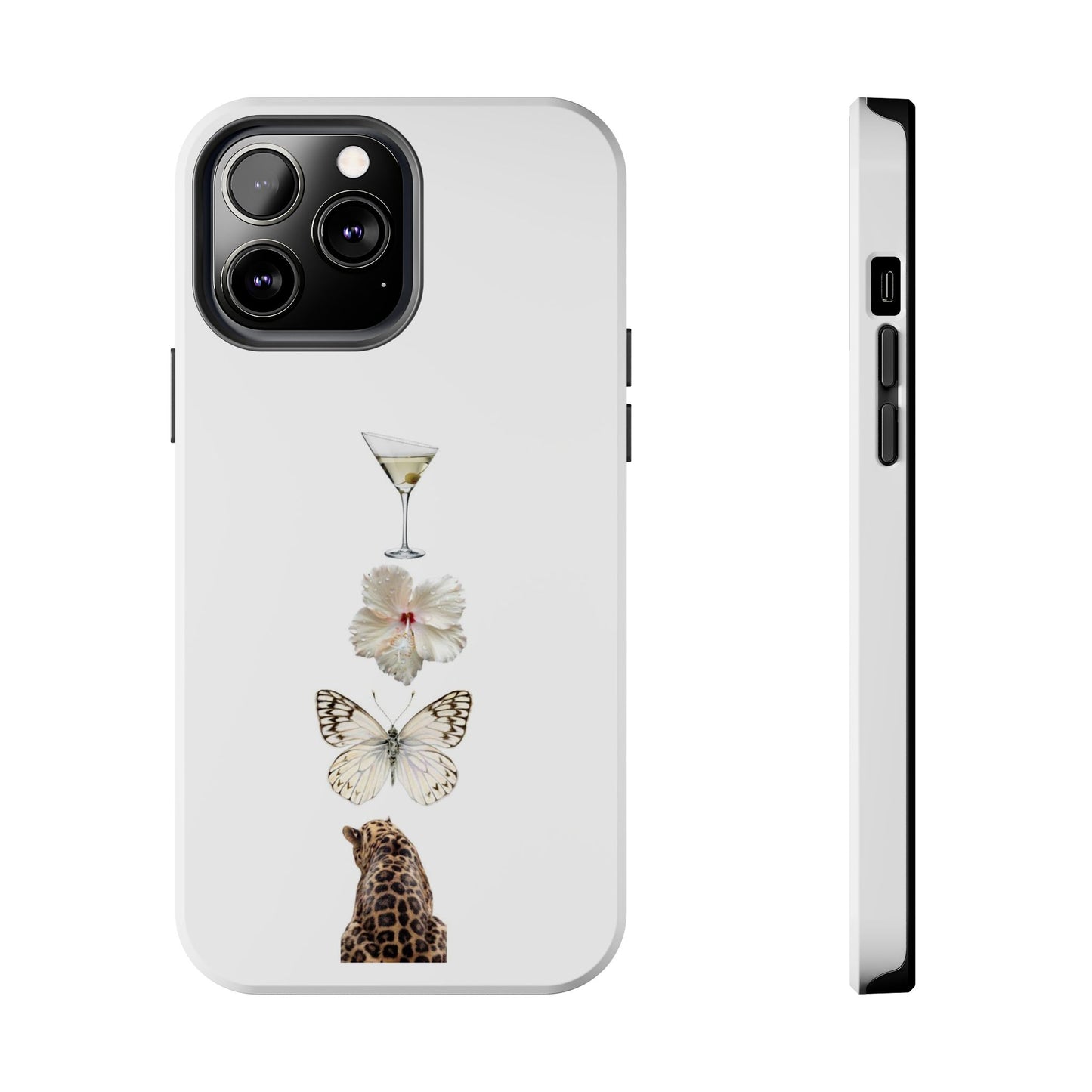 Elegant Nature-Inspired Tough Phone Case with Martini, Flower, Butterfly, and Leopard Design