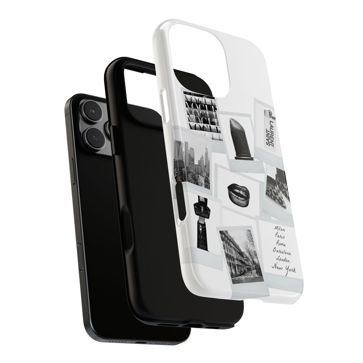 Phone Case — Black & White Polaroid Collage (City, Fashion, Lipstick)