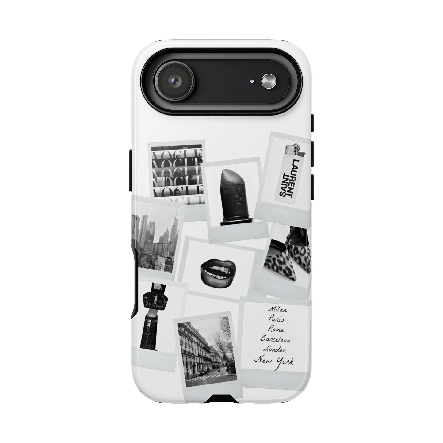 Phone Case — Black & White Polaroid Collage (City, Fashion, Lipstick)