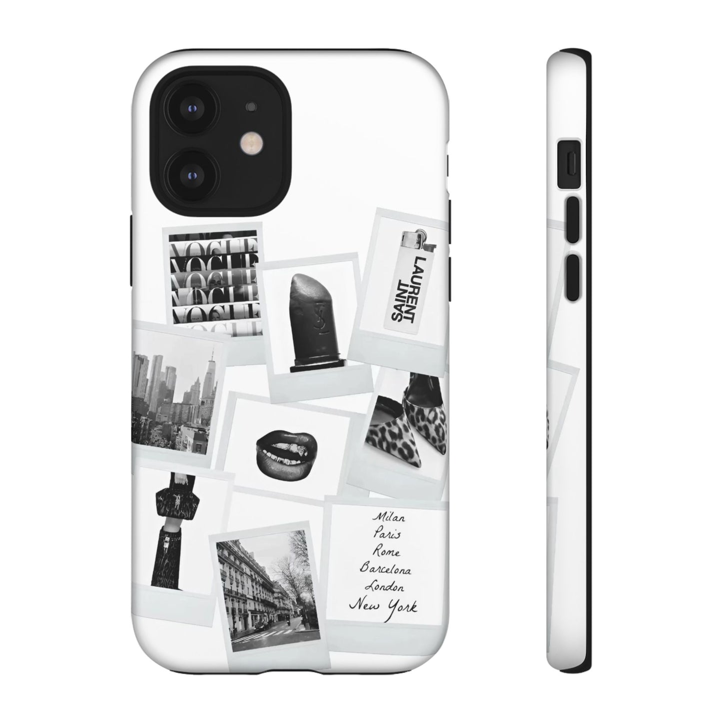 Phone Case — Black & White Polaroid Collage (City, Fashion, Lipstick)