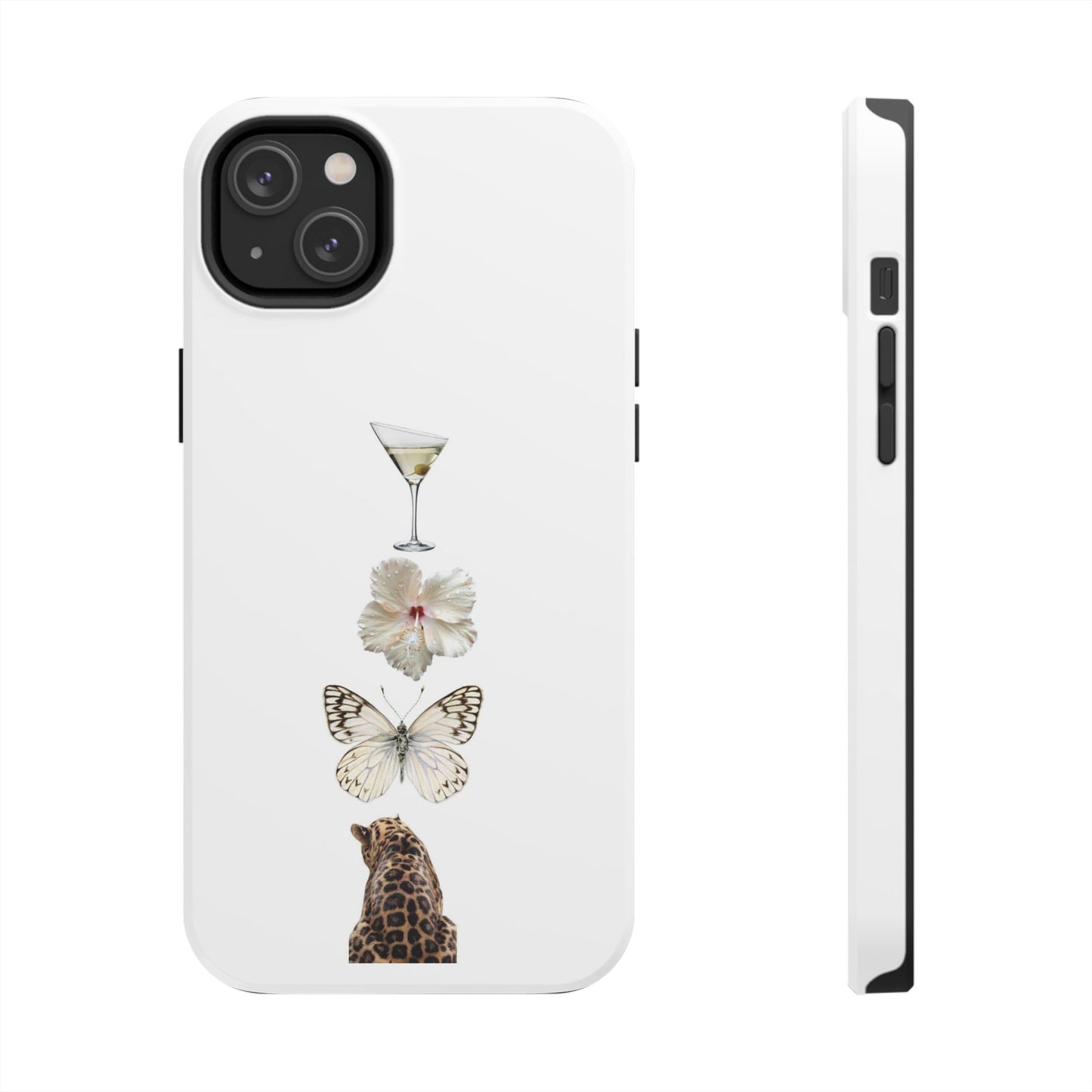 Elegant Nature-Inspired Tough Phone Case with Martini, Flower, Butterfly, and Leopard Design