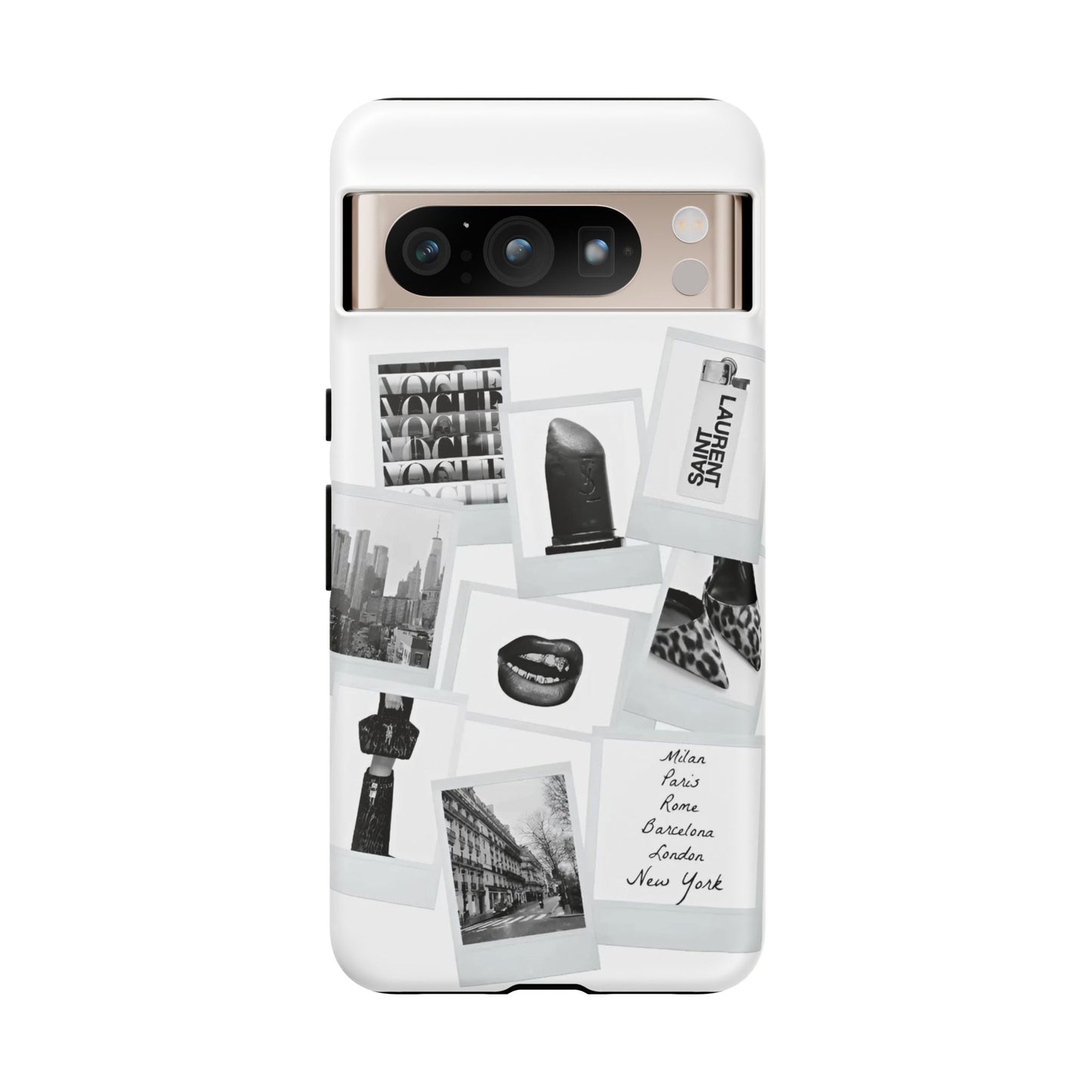 Phone Case — Black & White Polaroid Collage (City, Fashion, Lipstick)