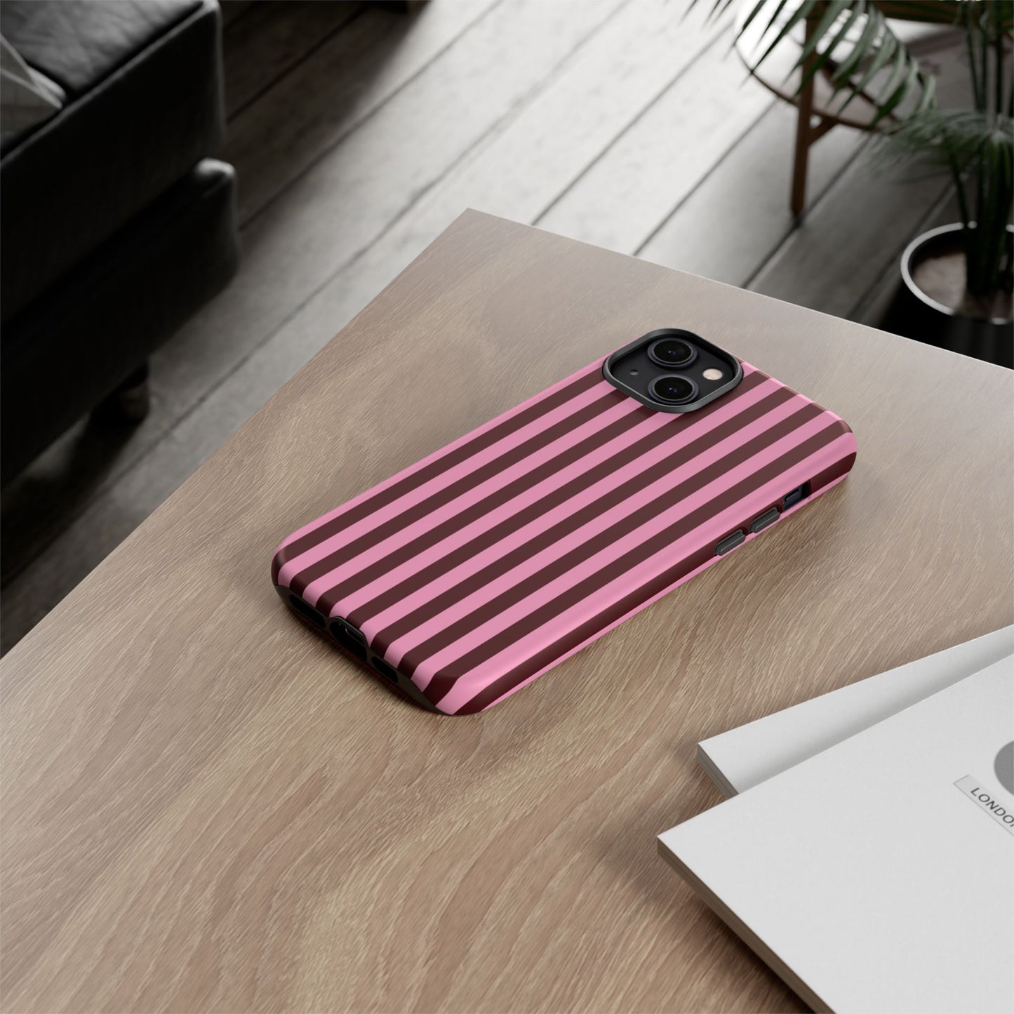 Striped Pink & Burgundy Tough Phone Case — Durable Vertical Stripe Protection