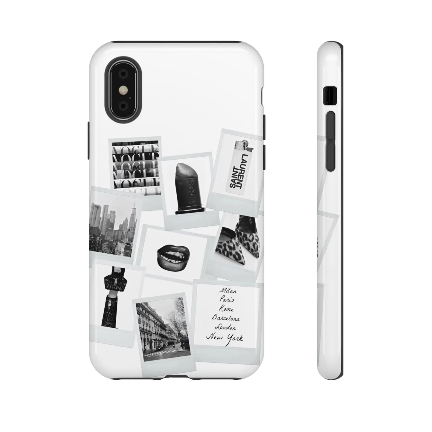 Phone Case — Black & White Polaroid Collage (City, Fashion, Lipstick)
