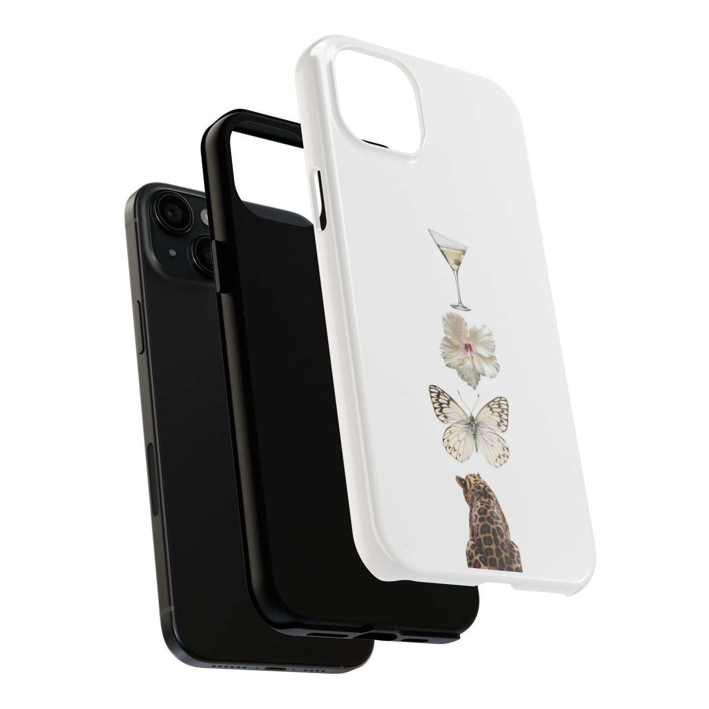 Elegant Nature-Inspired Tough Phone Case with Martini, Flower, Butterfly, and Leopard Design