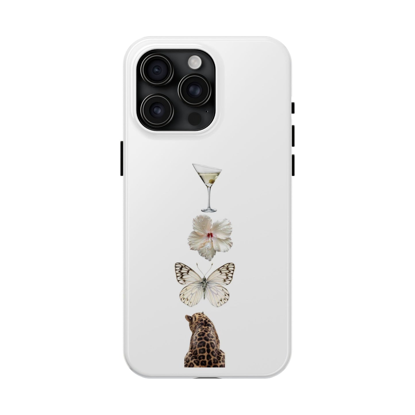 Elegant Nature-Inspired Tough Phone Case with Martini, Flower, Butterfly, and Leopard Design